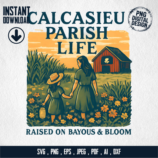 Calcasieu Parish Life Vintage Style Digital Art, Rustic Southern Landscape svg, png, eps, jpeg, pdf, ai, dxf Instant Download