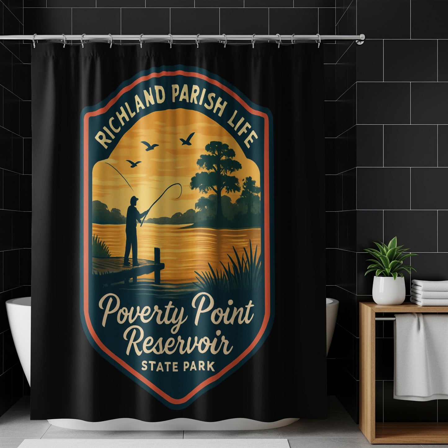 Richland Parish Life Shower Curtain, Poverty Point Reservoir State Park Design, Fishing Scene Bathroom Decor, Outdoor Theme