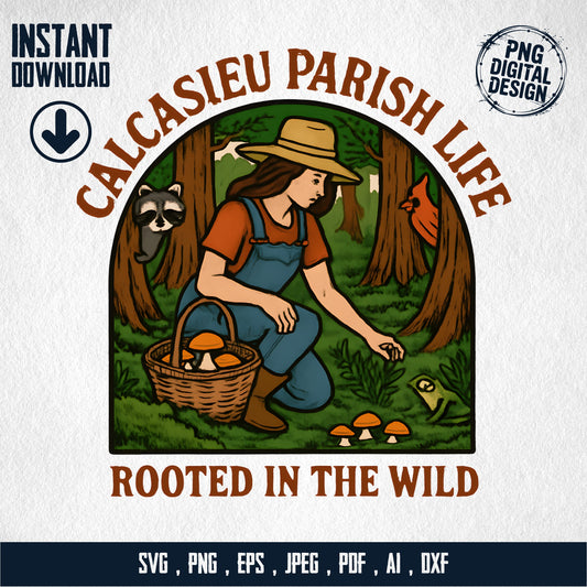 Calcasieu Parish Life Digital Download, Farming Girl and Raccoon, Vintage Style Art, svg, png, eps, jpeg, pdf, ai, dxf Files