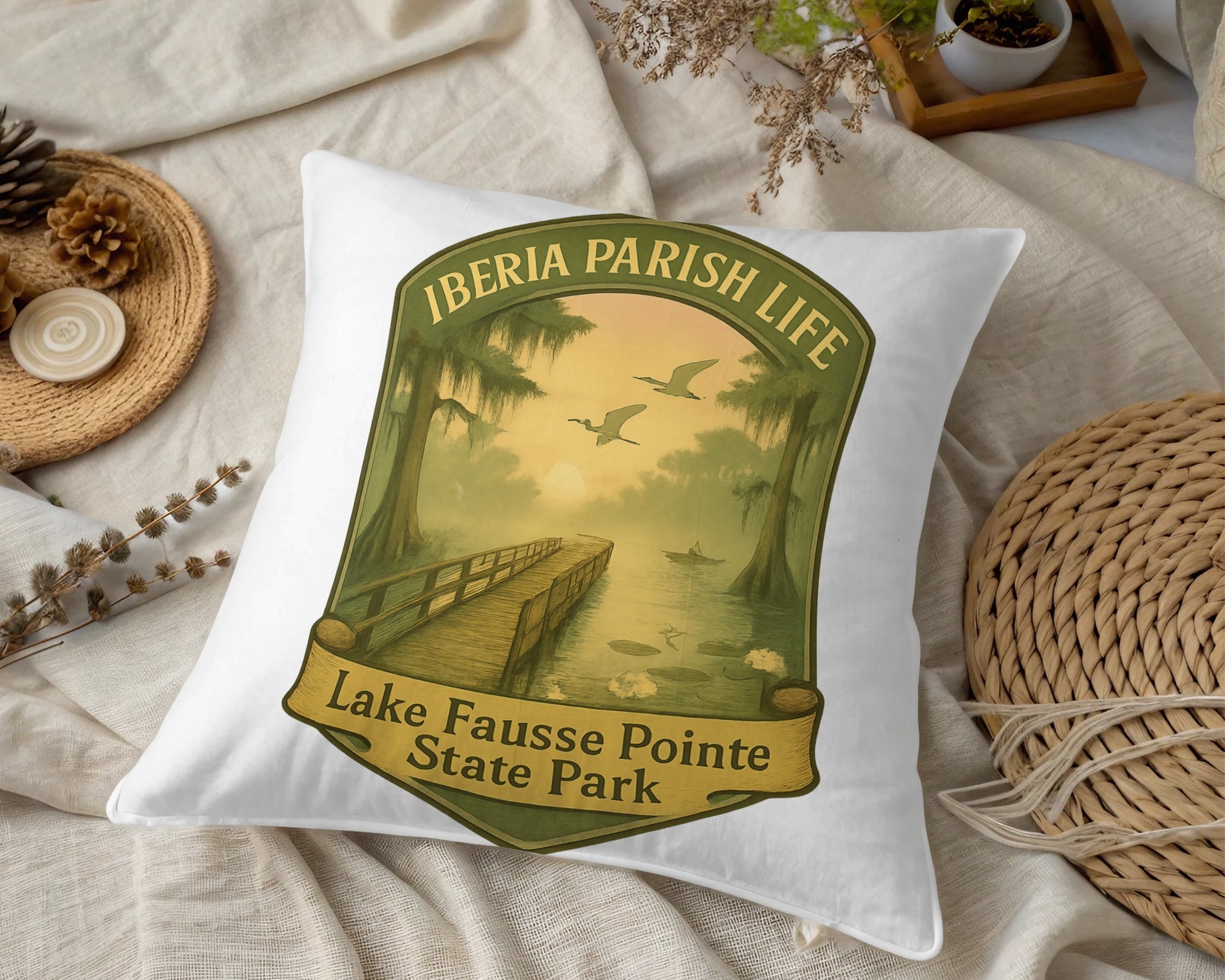 Iberia Parish Life Lake Fausse Pointe State Park Throw Pillow Cover, Decorative Cushion for Home Decor