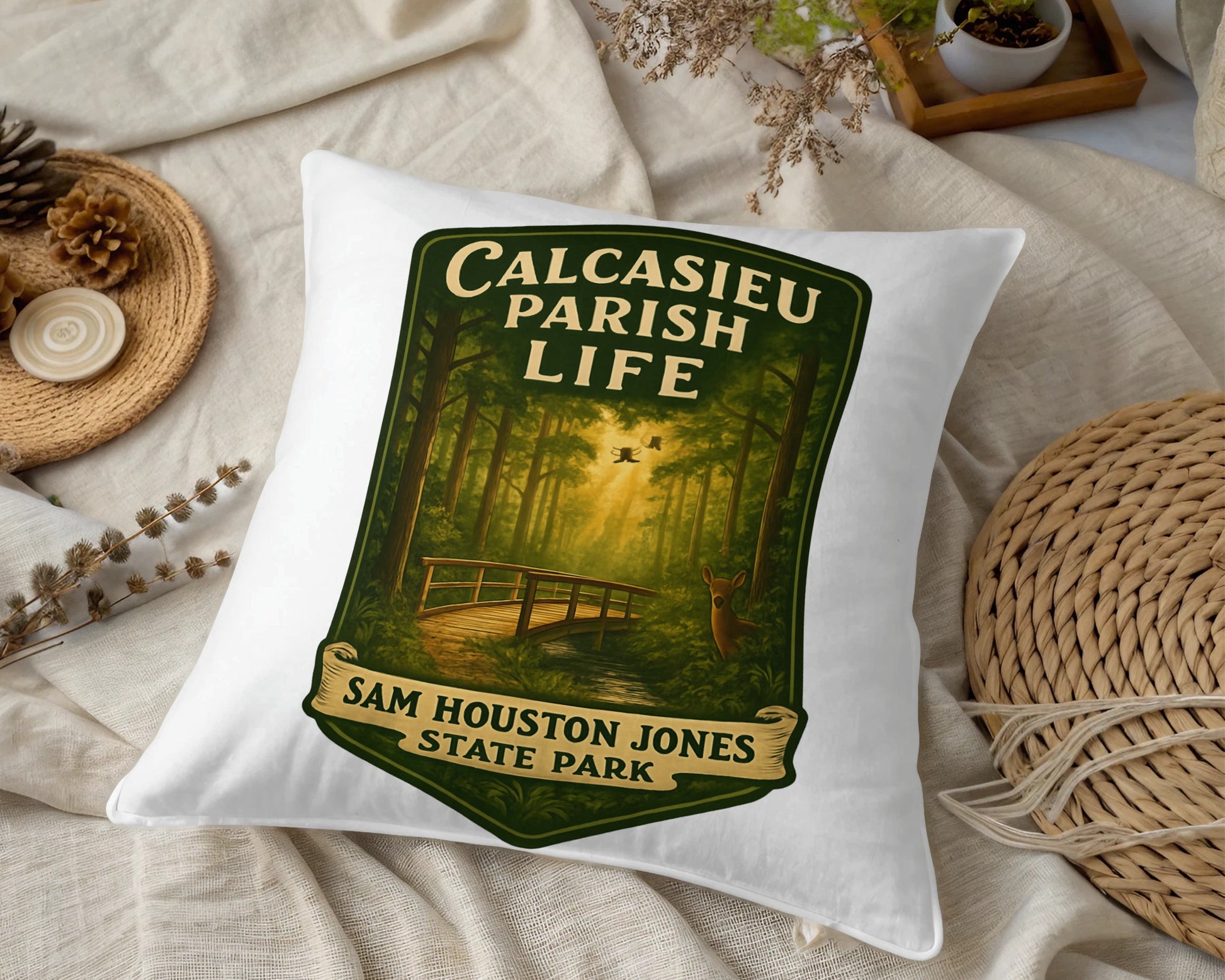 Calcasieu Parish Life Pillow Cover, Sam Houston Jones State Park Decorative Cushion, Forest and Deer Design, Home Decor