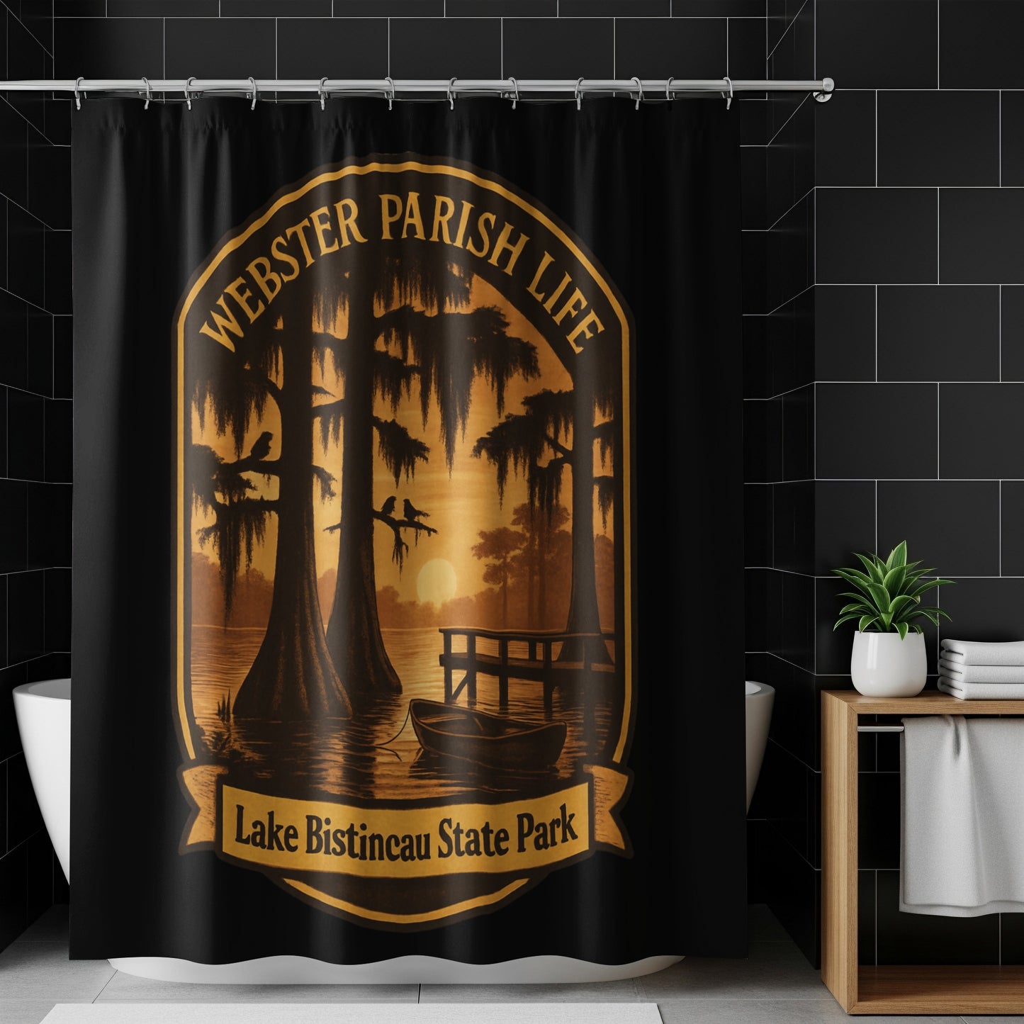 Webster Parish Life Shower Curtain, Lake Bistineau State Park Scenic Design, Sunset Landscape Bathroom Decor, Rustic Home Decor