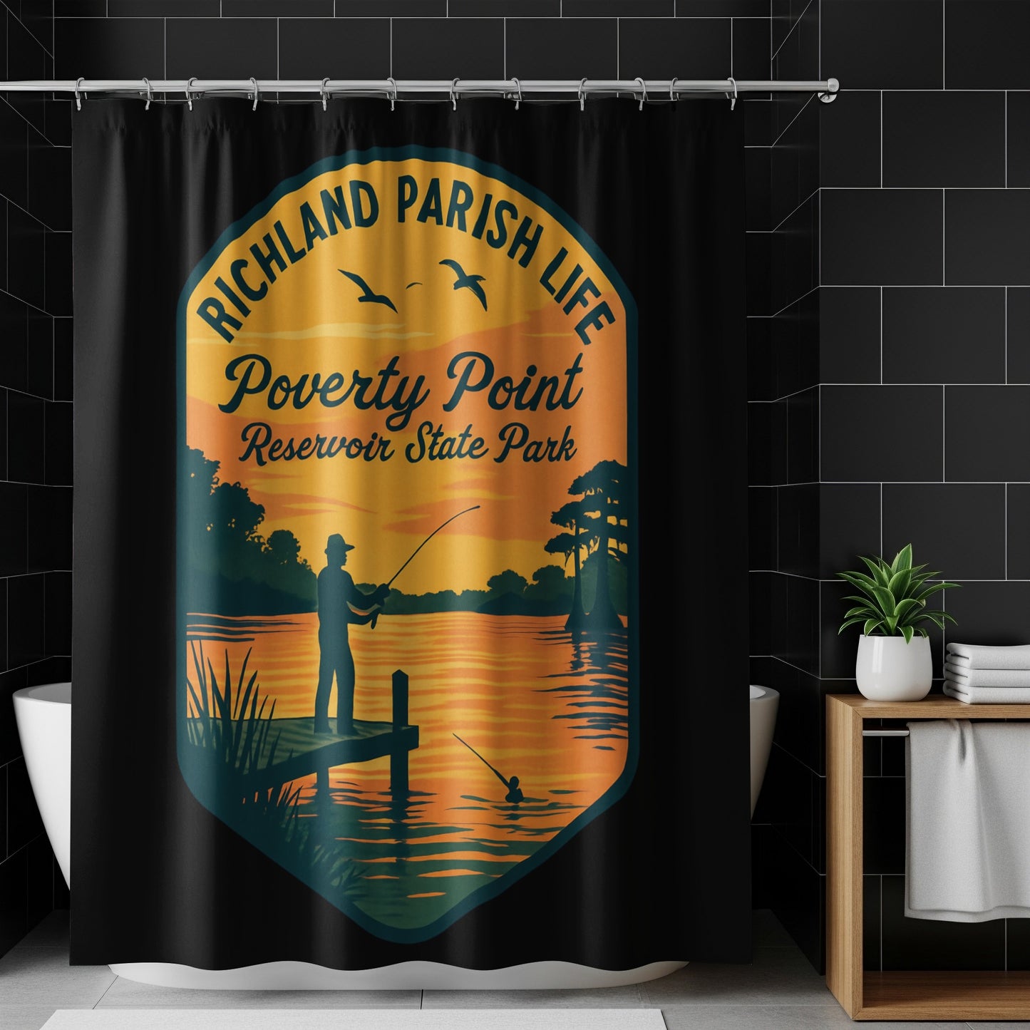 Richland Parish Life Shower Curtain, Poverty Point Reservoir State Park Design, Fishing Sunset Scenery Bath Decor