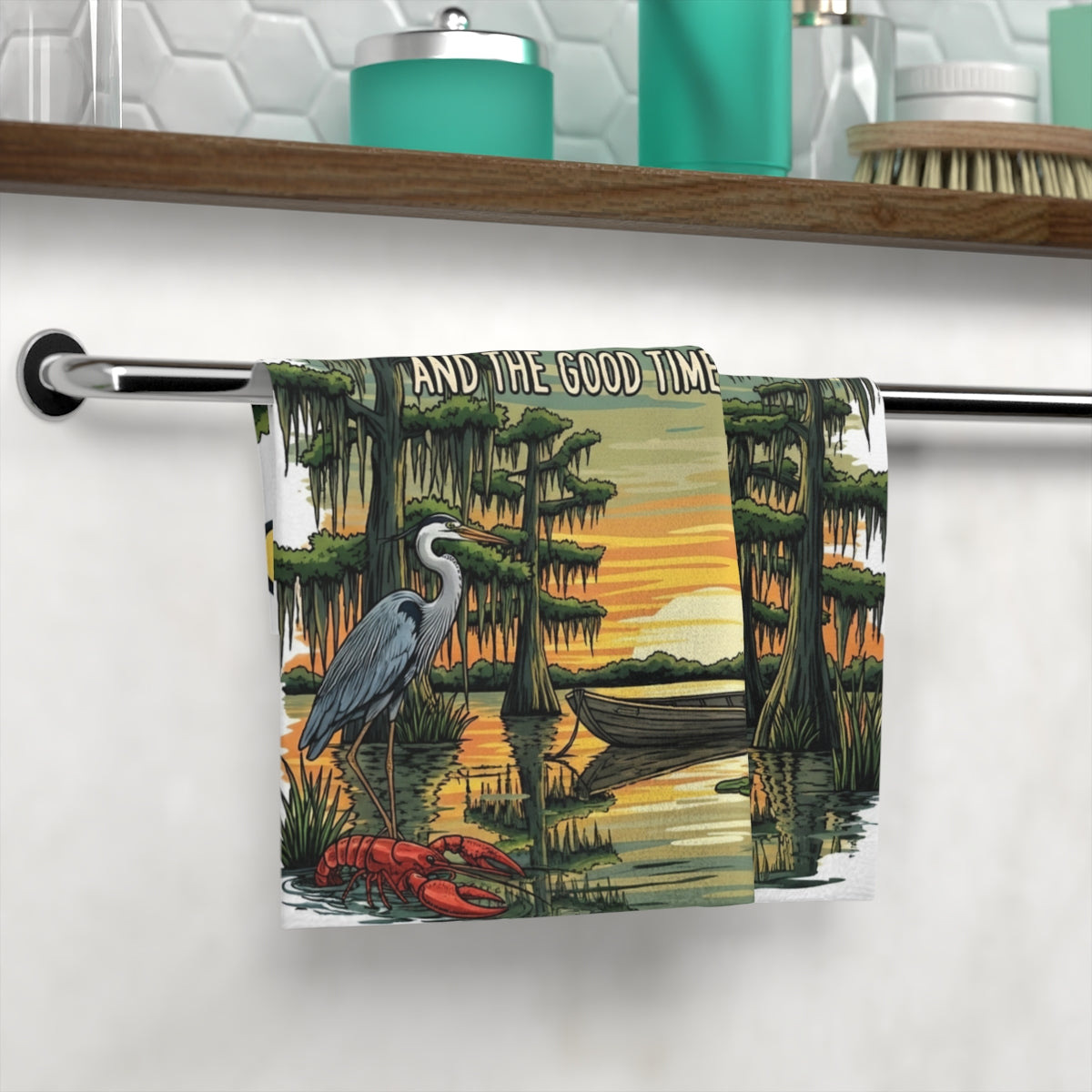 Sunset Bayou Scene with Heron and Boat Towel product