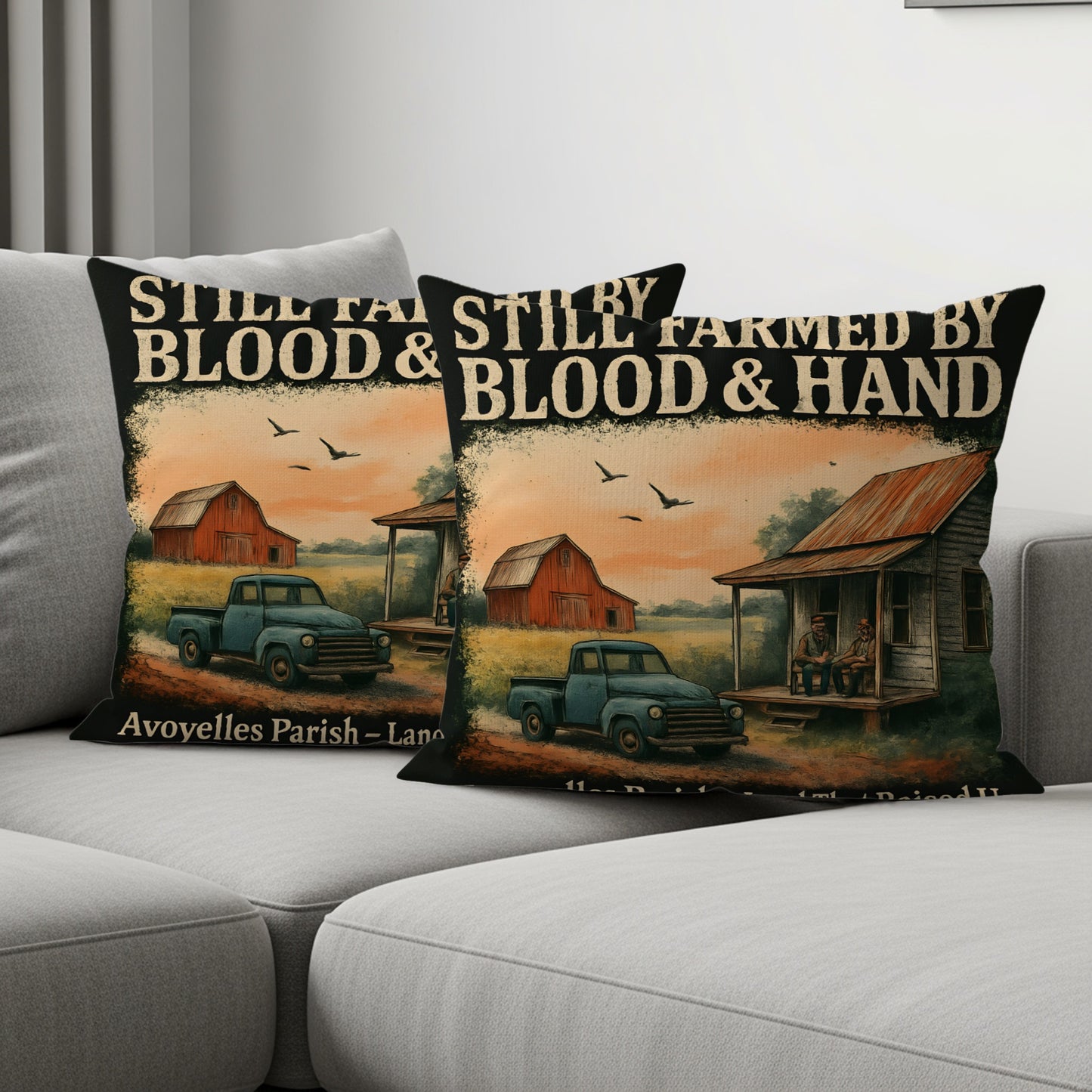 Still Farmed by Blood and Hand Cushions product type