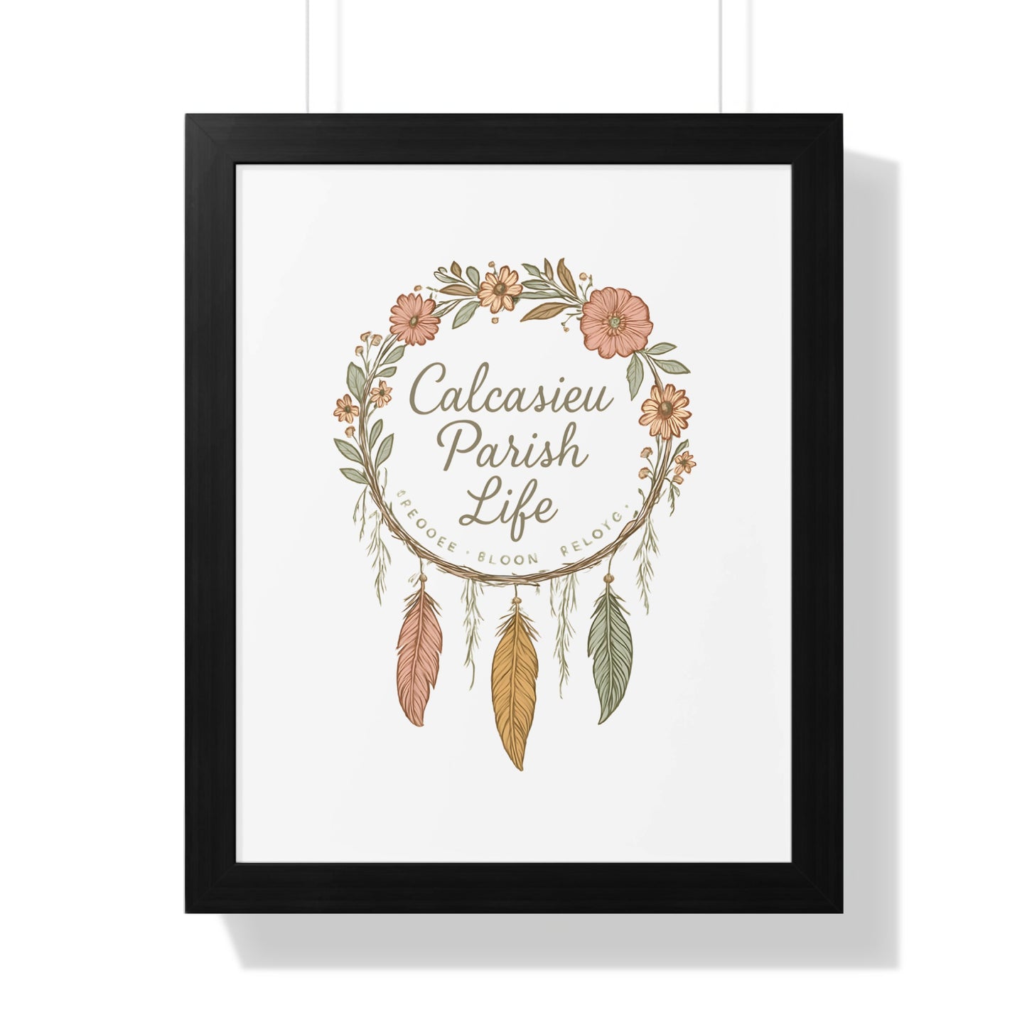 Calcasieu Parish Life Floral Wreath Wall Art, Boho Chic Home Decor, Rustic Frame Poster, Southern Style Decorative Artwork