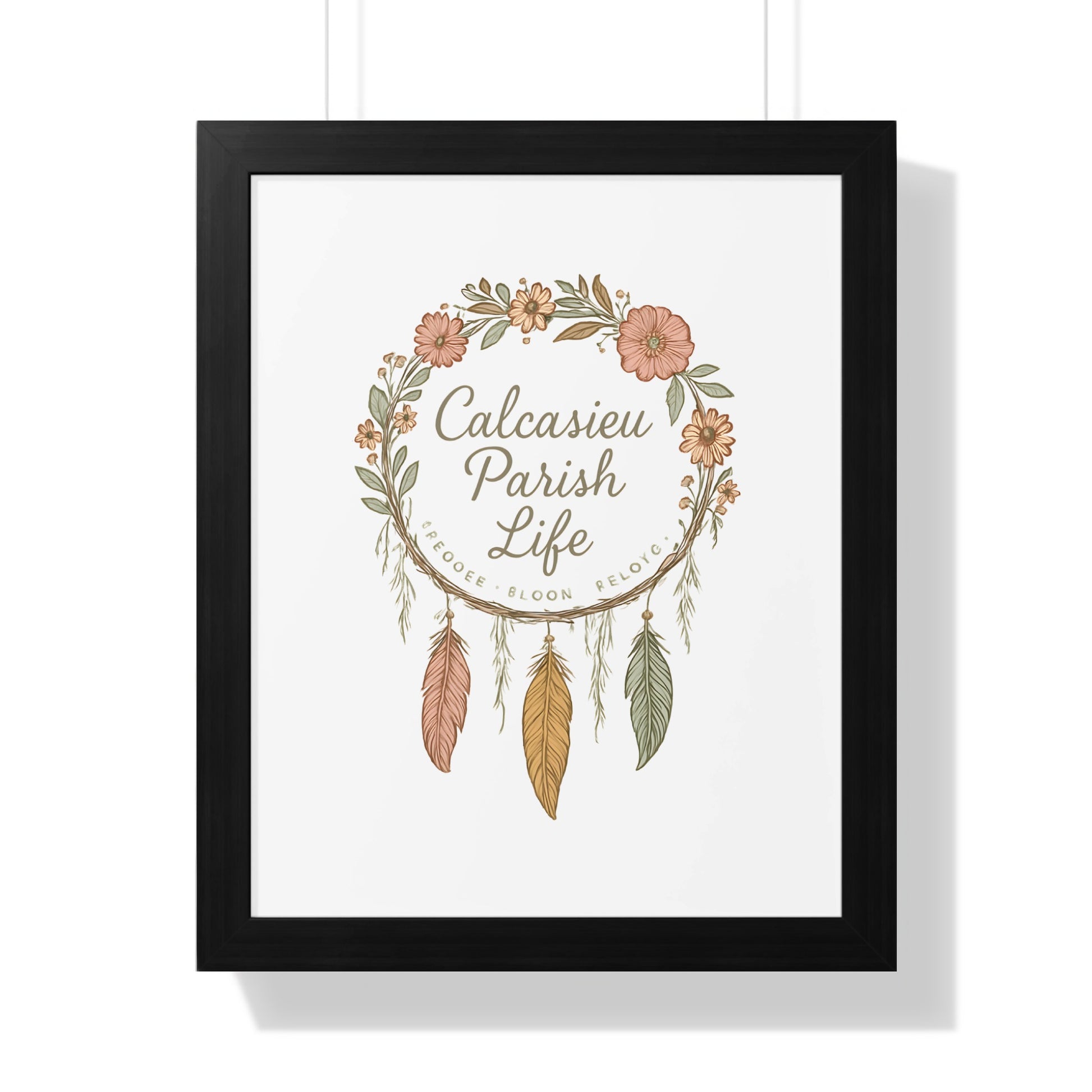 Calcasieu Parish Life Floral Wreath Wall Art, Boho Chic Home Decor, Rustic Frame Poster, Southern Style Decorative Artwork