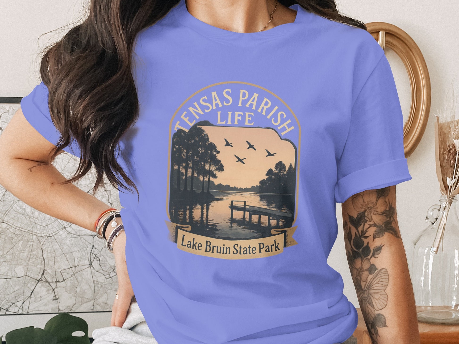 Lake Bruin State Park T-Shirt, Tensas Parish Life Graphic Tee, Sunset Nature Scenery Top