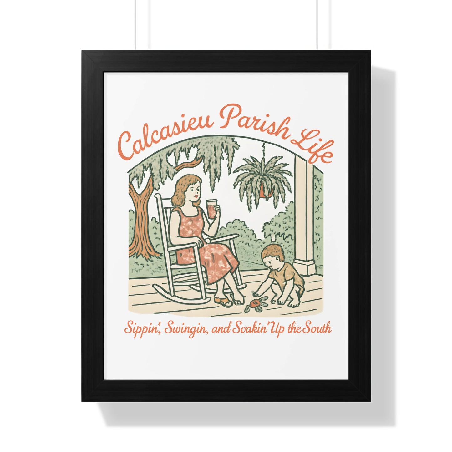 Calcasieu Parish Life Southern Art Print, Vintage Style Wall Decor, Sippin Swinging Soaking Illustration