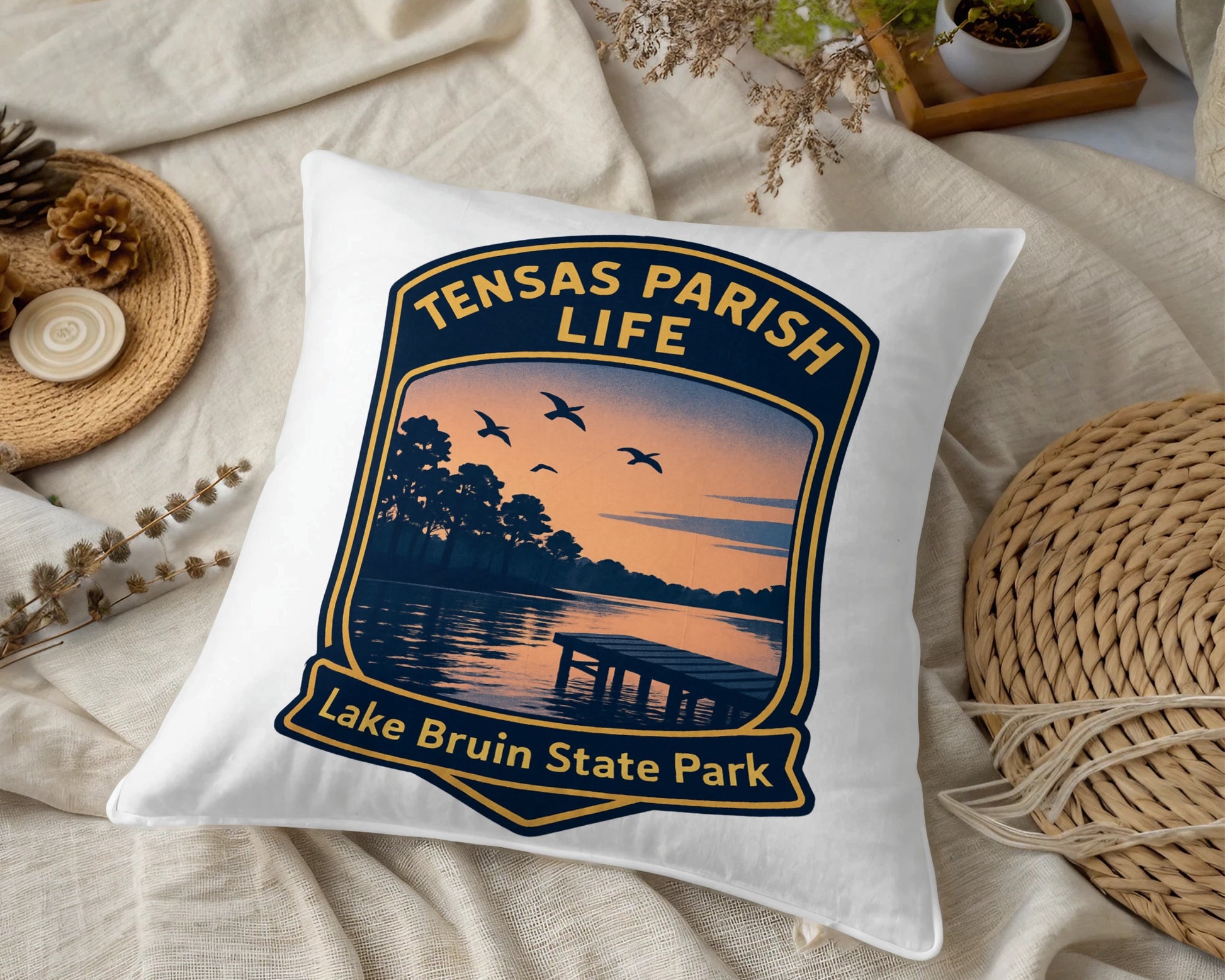 Tensas Parish Life Lake Bruin State Park Decorative Pillow Cover, Vintage Sunset Design, Home Decor