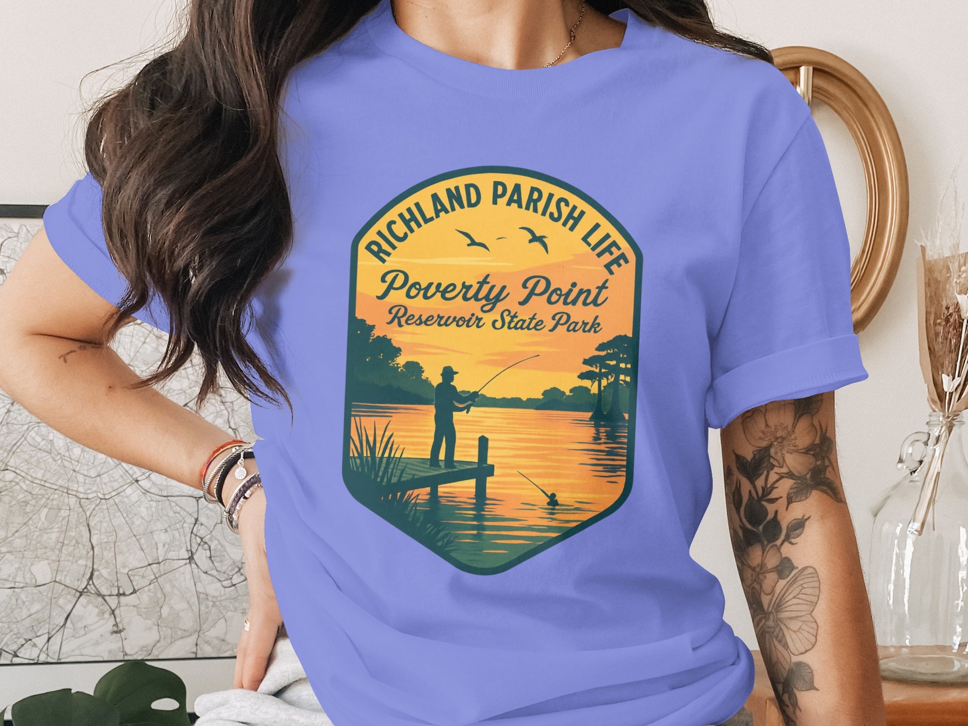 Richland Parish Life T-Shirt, Poverty Point Reservoir State Park Sunset Graphic Tee, Fishing Theme Casual Wear