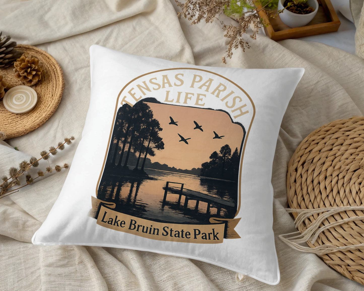 Vintage Tensas Parish Life Pillow, Lake Bruin State Park Throw Pillow, Decorative Home Accent, Nature Inspired Decor