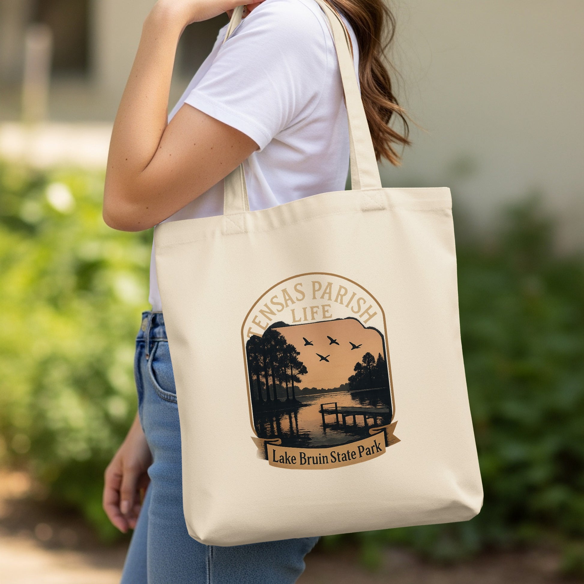 Lake Bruin State Park Tote Bag, Tensas Parish Life Graphic, Durable Cotton Canvas, Eco-Friendly Reusable Bag
