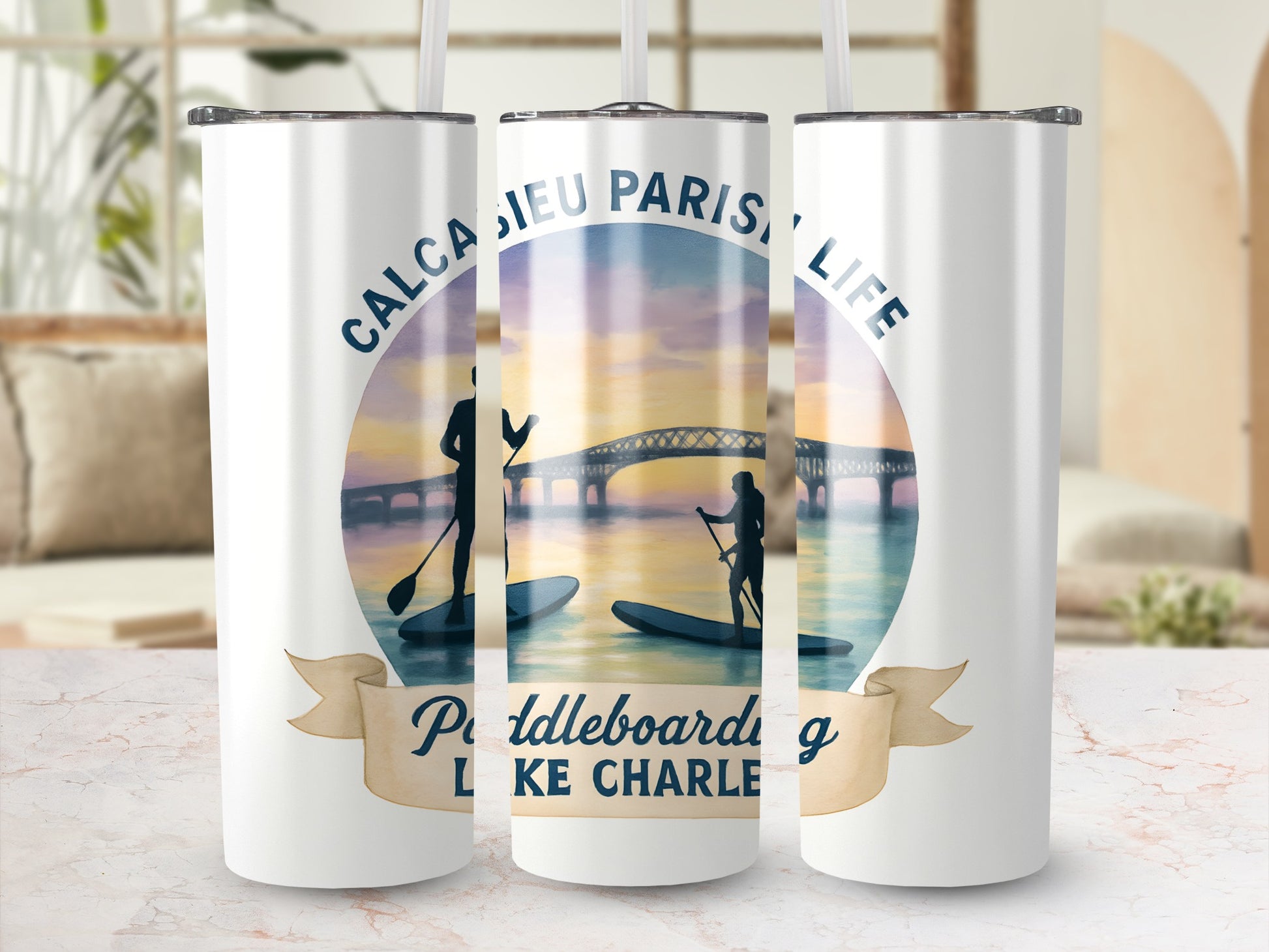 Paddleboarding Lake Charles Tumbler, Calcasieu Parisi Life, Sunset Scene Stainless Steel Water Bottle, Travel Mug
