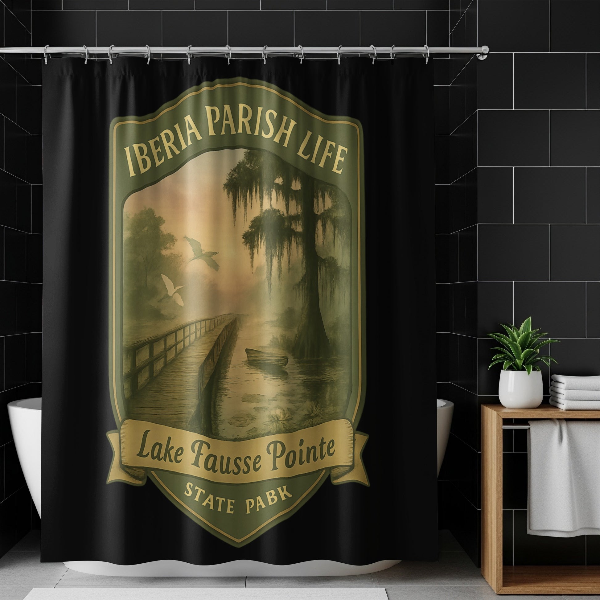Iberia Parish Life Lake Fausse Pointe Shower Curtain, Scenic Bayou Design, Nature Bathroom Decor, Swamp Landscape Motif