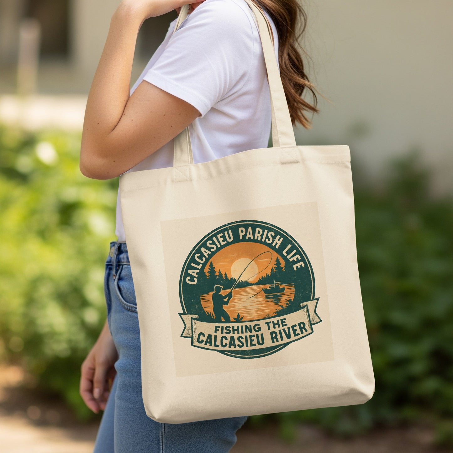 Vintage Fishing Graphic Tote Bag, Calcasieu River Canvas Bag, Eco-Friendly Reusable Shopping Bag, Outdoor Life Illustration