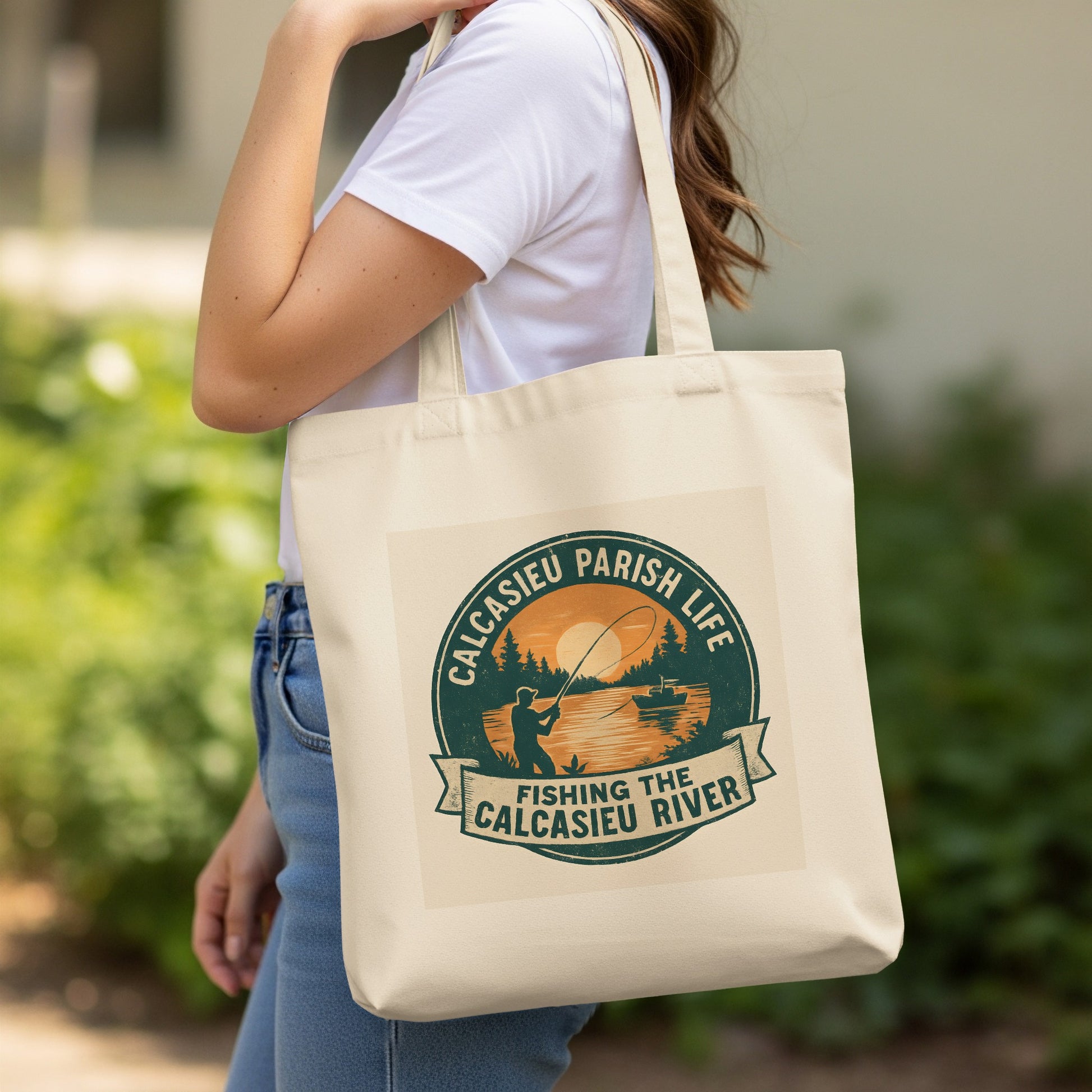 Vintage Fishing Graphic Tote Bag, Calcasieu River Canvas Bag, Eco-Friendly Reusable Shopping Bag, Outdoor Life Illustration