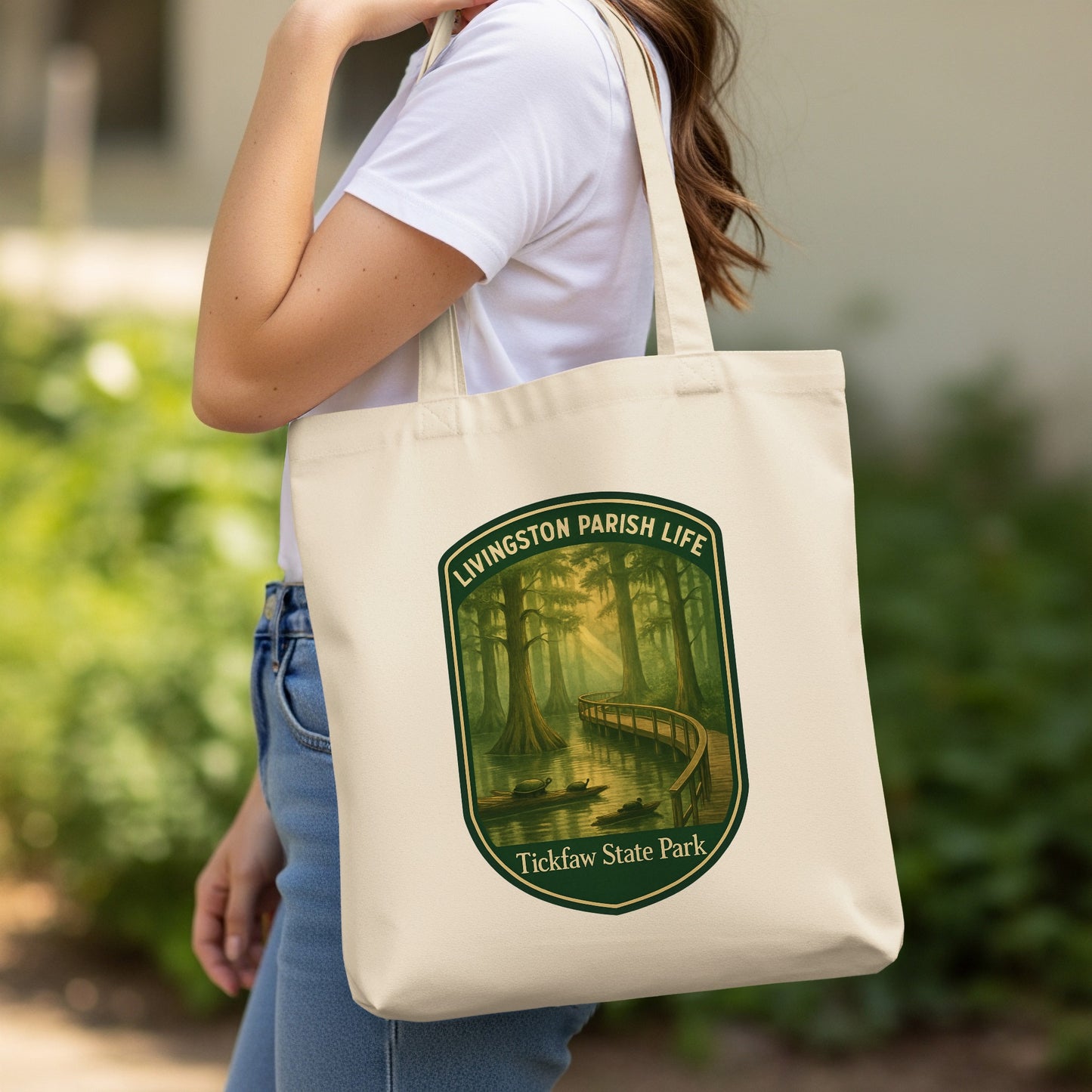 Tickfaw State Park Canvas Tote Bag, Livingston Parish Life Graphic, Durable Eco-Friendly Market Bag