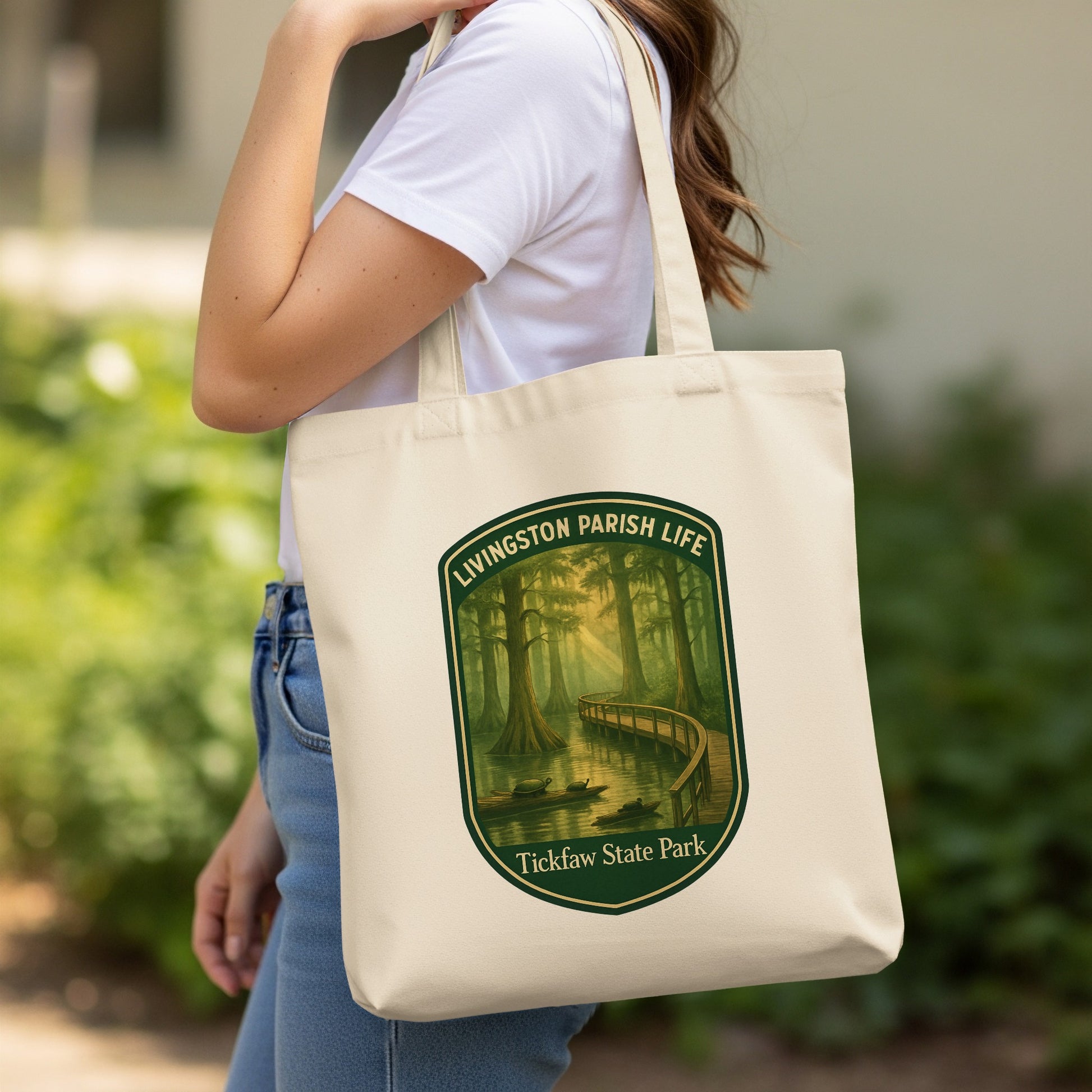 Tickfaw State Park Canvas Tote Bag, Livingston Parish Life Graphic, Durable Eco-Friendly Market Bag
