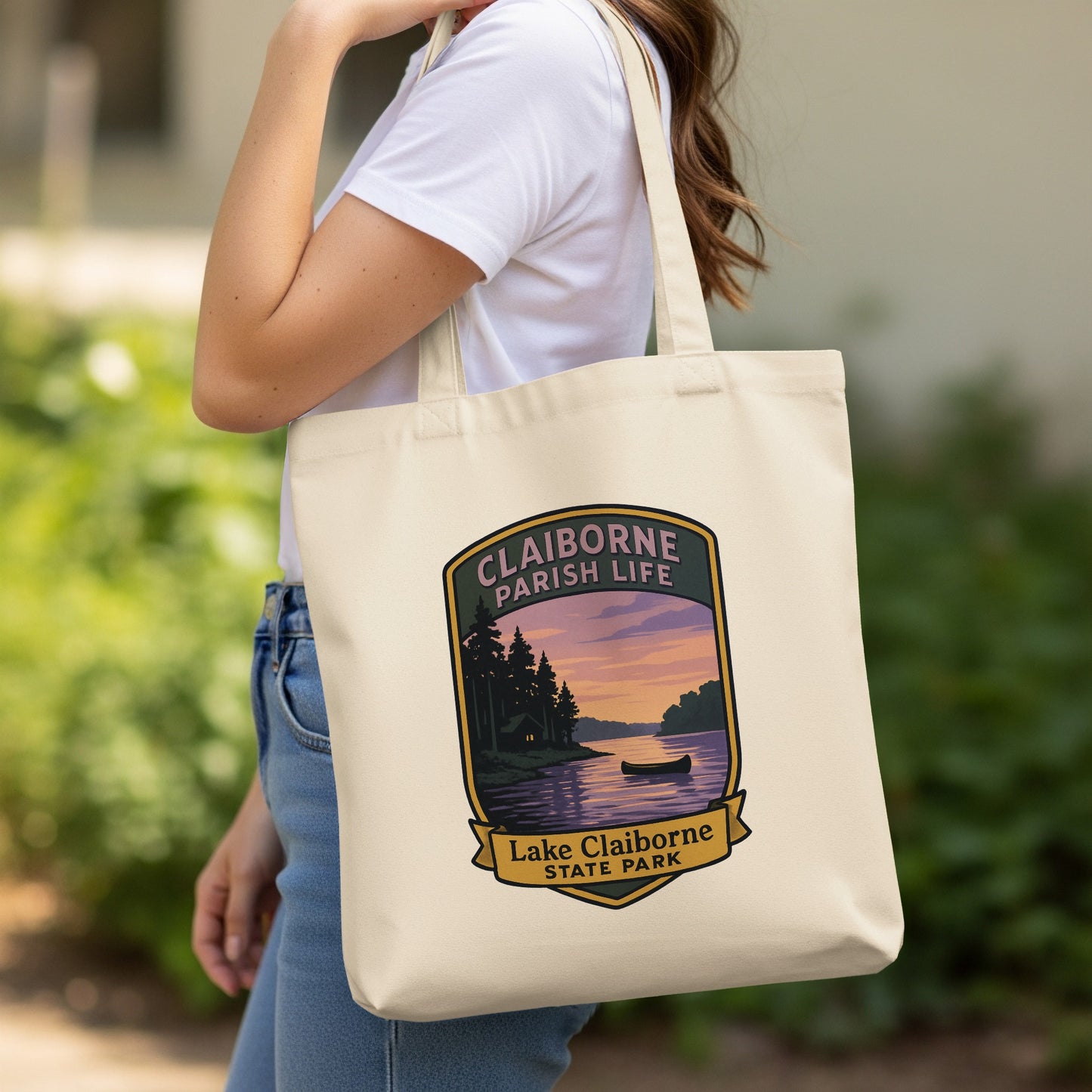 Claiborne Parish Lake Tote Bag, Canvas Shoulder Bag, Eco-Friendly Reusable Shopper, Vintage Travel Print Design