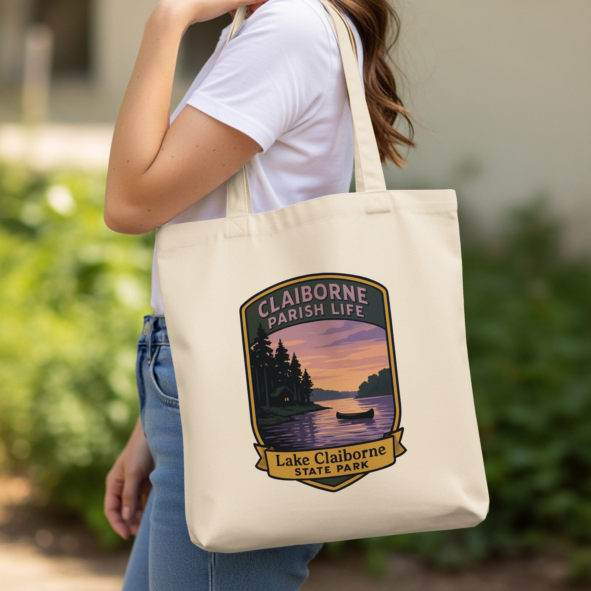 Claiborne Parish Lake Tote Bag, Canvas Shoulder Bag, Eco-Friendly Reusable Shopper, Vintage Travel Print Design