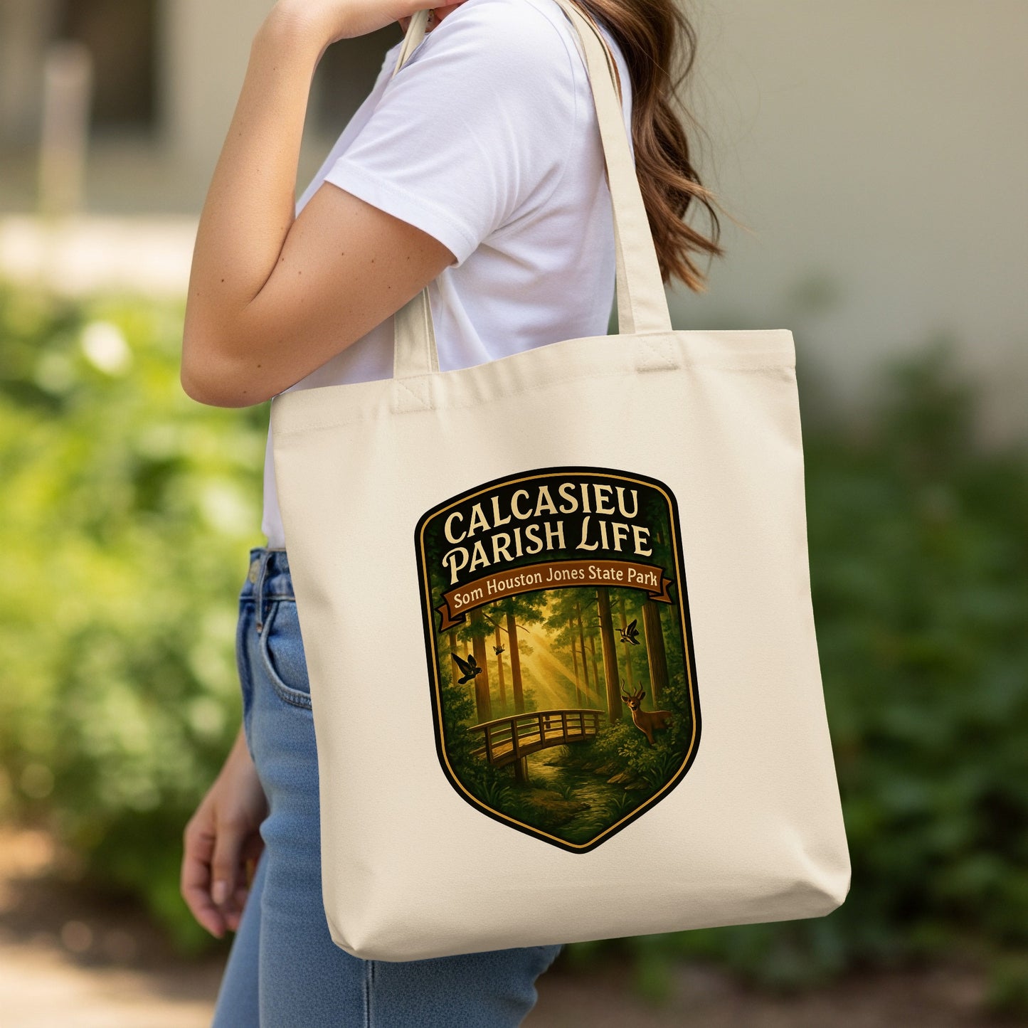 Calcasieu Parish Life Tote Bag, San Houston State Park Graphic, Eco-Friendly Cotton Canvas Shopper