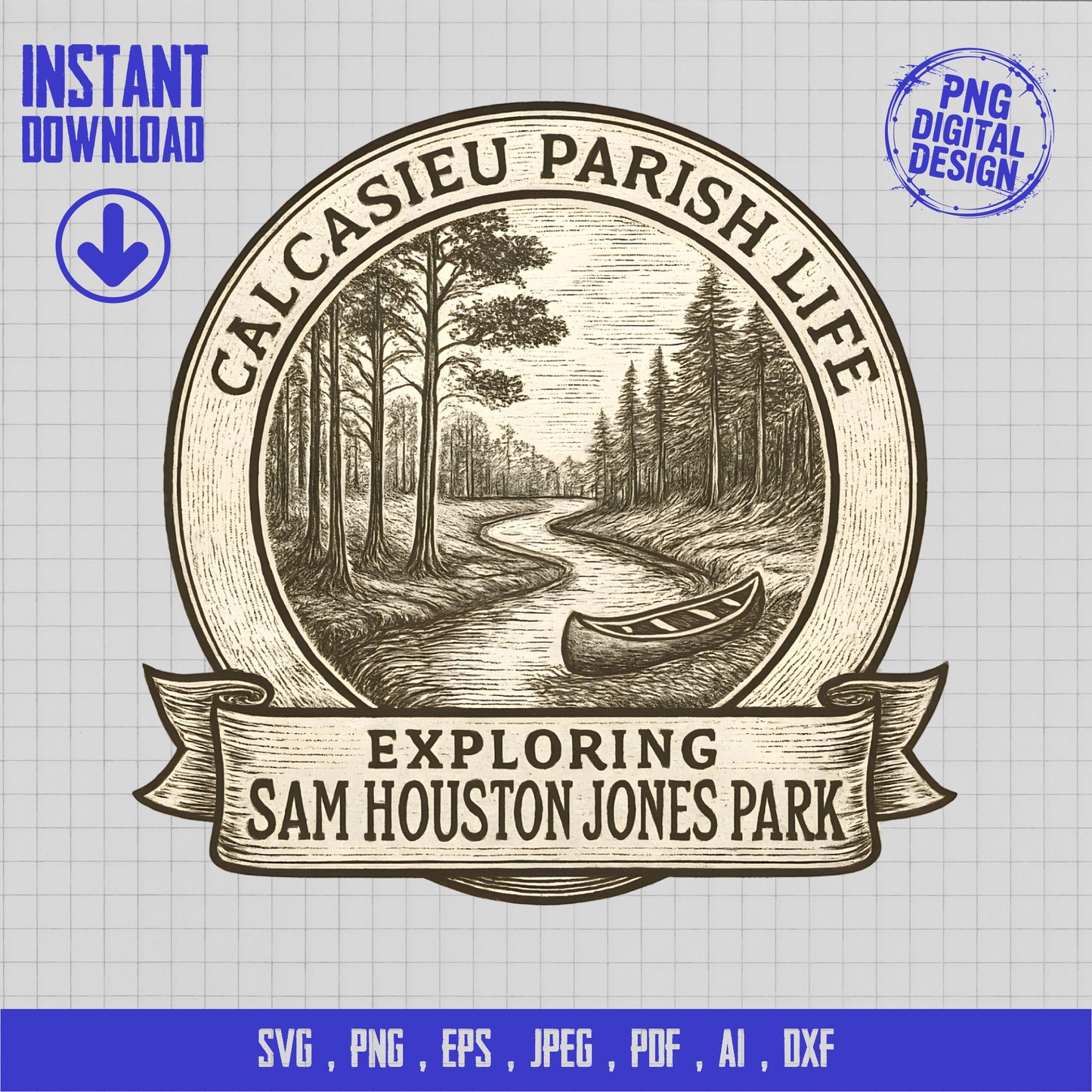 Vintage Calcasieu Parish Life Digital SVG, Sam Houston Jones Park, River Scene, Instant Download, Outdoor Adventure, Clipart, Nature Art