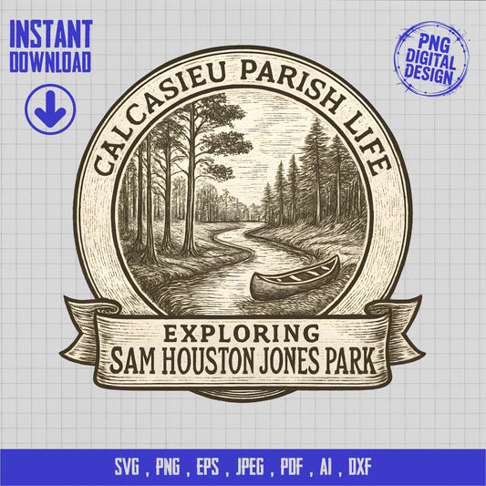Vintage Calcasieu Parish Life Digital SVG, Sam Houston Jones Park, River Scene, Instant Download, Outdoor Adventure, Clipart, Nature Art