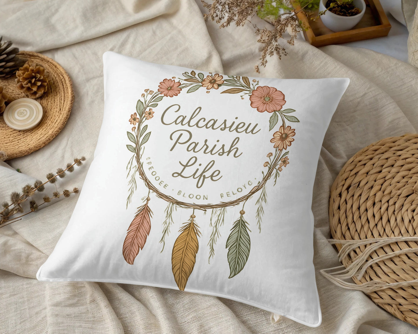 Calcasieu Parish Life Floral Bohemian Style Decorative Throw Pillow, Rustic Home Decor Accent, Boho Chic Bedroom Accessory