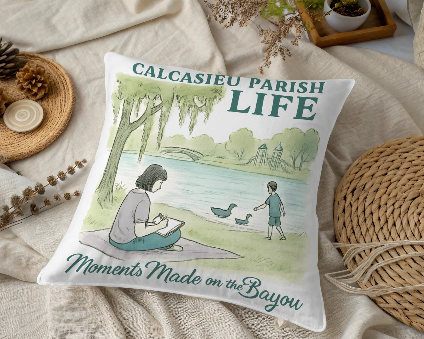Calcasieu Parish Life Throw Pillow, Bayou Scenic Art, Decorative Cushion, Watercolor Landscape, Home Decor, Unique Louisiana Gift