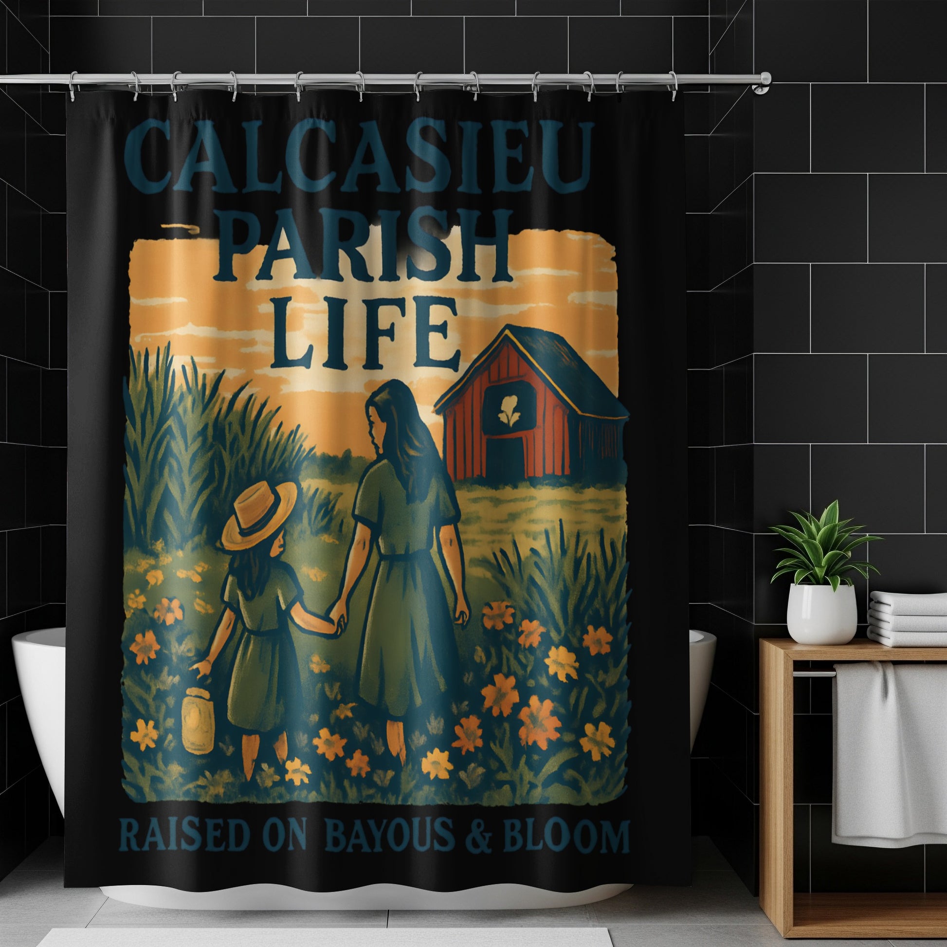 Calcasieu Parish Life Shower Curtain, Raised on Bayous and Bloom, Vintage Style Art, Mother Daughter Countryside Motif, Home Bathroom Decor