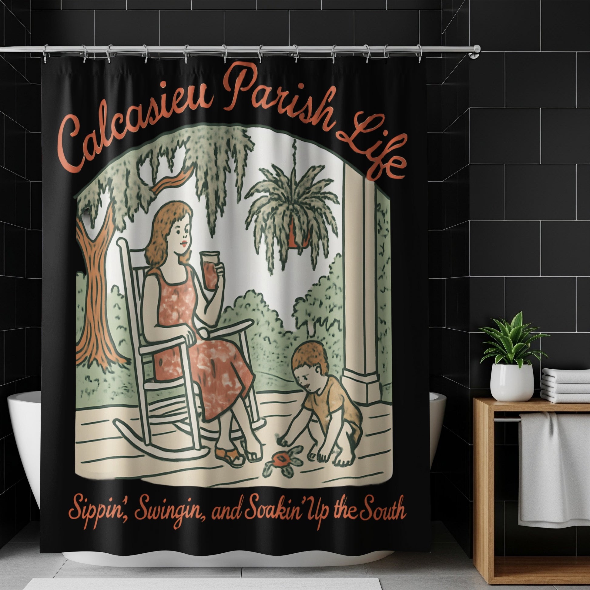 Calcasieu Parish Life Shower Curtain, Southern Style Bathroom Decor, Sippin' Swingin' Soakin' Up the South Design