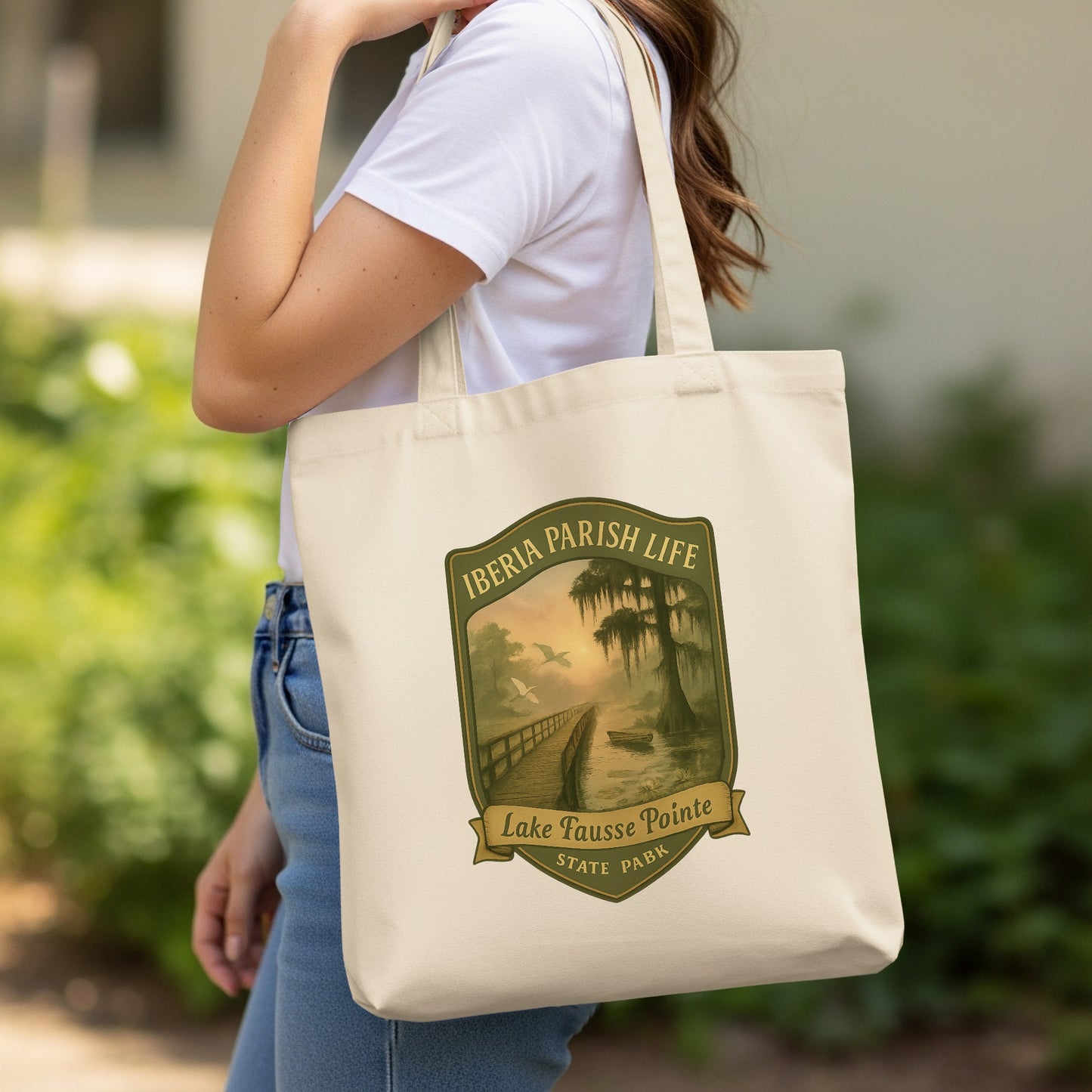 Iberia Parish Life Tote Bag, Lake Fausse Pointe Canvas Bag, Eco-Friendly Shopping Bag, Vintage Print