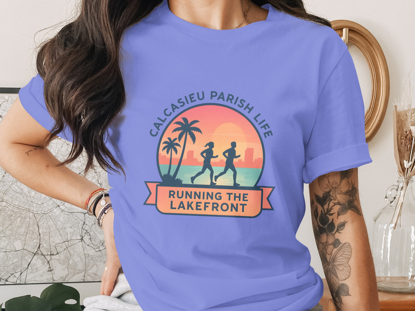 Calcasieu Parish Life Running the Lakefront Graphic T-Shirt, Tropical Sunset Design, Casual Wear