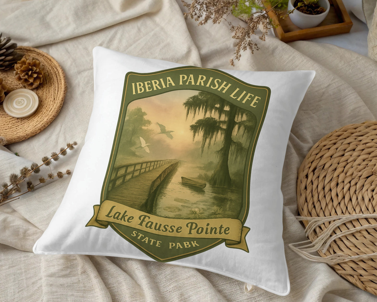 Vintage Iberia Parish Life Cushion Cover, Lake Fausse Pointe State Park Pillow, Decorative Throw Pillow for Home Decor