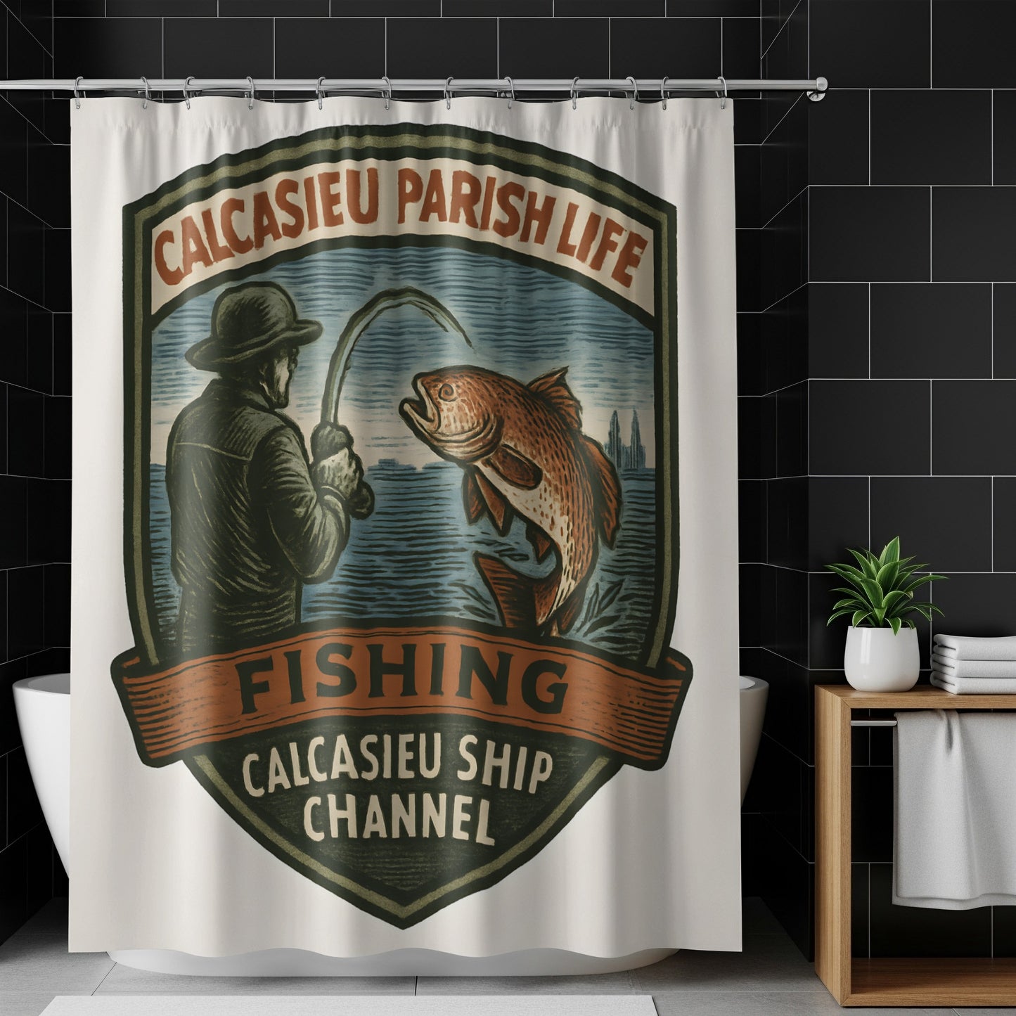 Calcasieu Parish Life Fishing Themed Shower Curtain, Vintage Fisherman Design, Rustic Bathroom Decor, Unique Home Accessory Gift