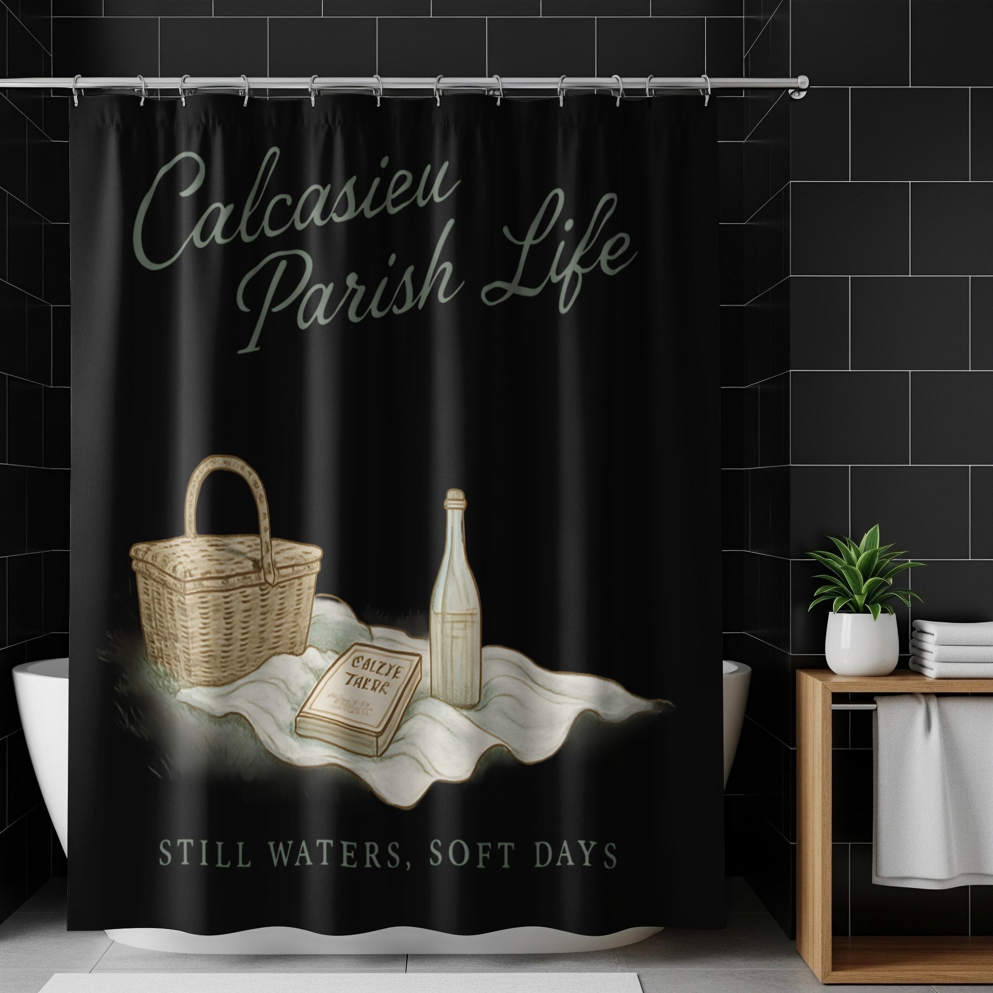 Calcasieu Parish Life Shower Curtain, Rustic Bathroom Decor, Vintage Basket and Bottle Design, Unique Home Gift Idea