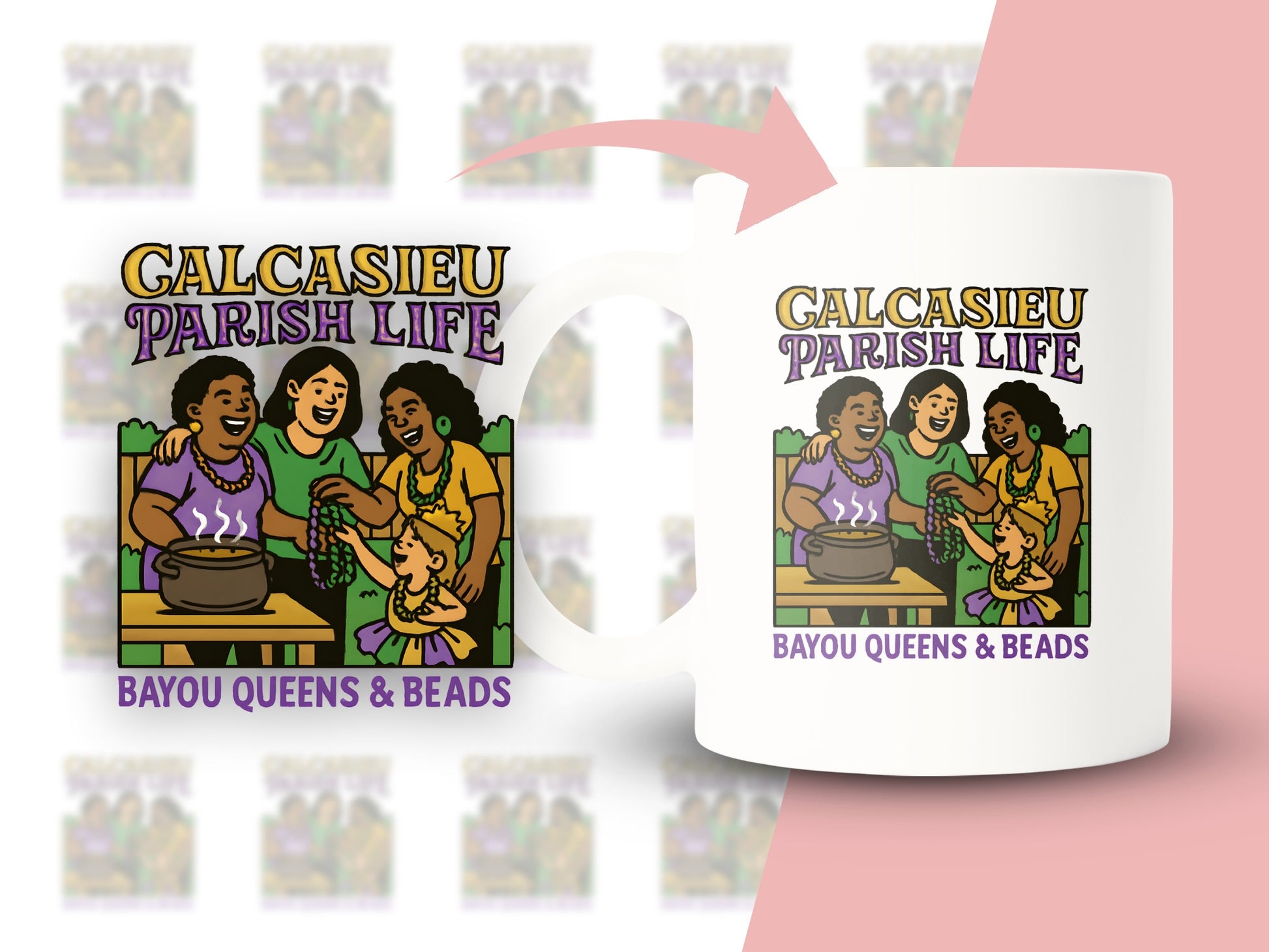 Calcasieu Parish Life Mug, Bayou Queens and Beads Graphic, Vibrant Illustration, Perfect Gift Idea