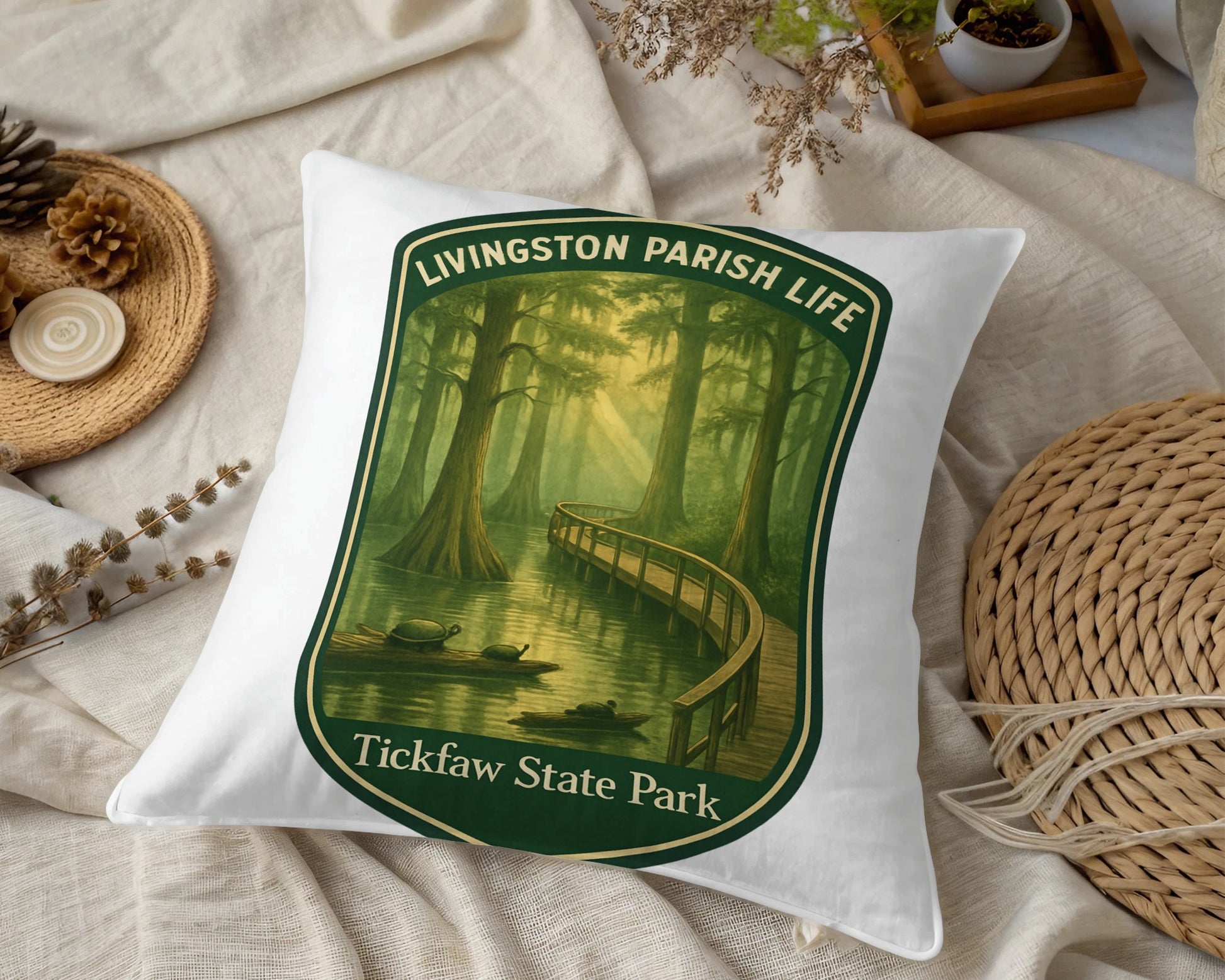 Livingston Parish Life Tickfaw State Park Throw Pillow, Swamp Scene Decorative Cushion, Nature Inspired Home Accessory