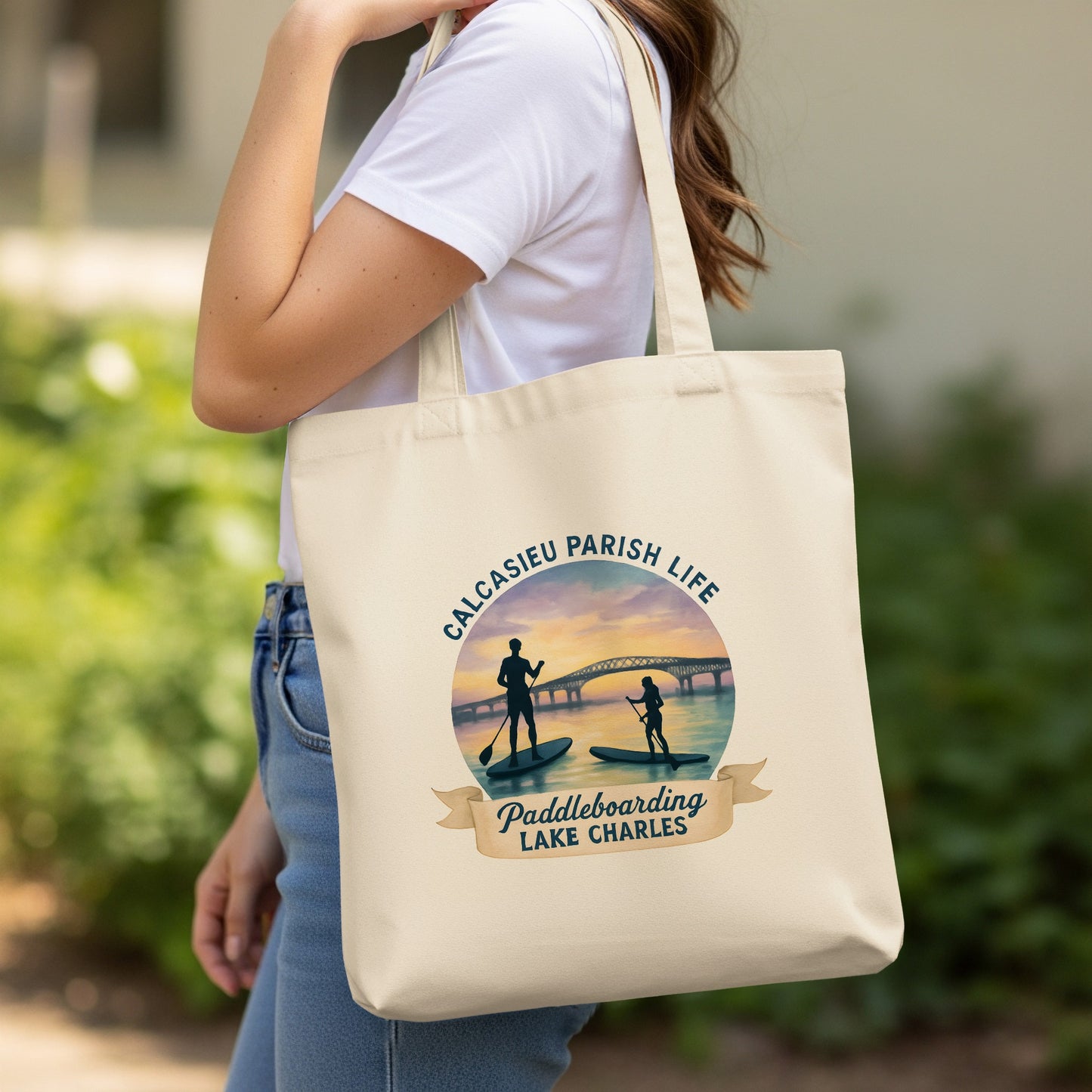 Calcasieu Parish Life Canvas Tote Bag, Paddleboarding Lake Charles, Durable Eco-Friendly Shopping Bag