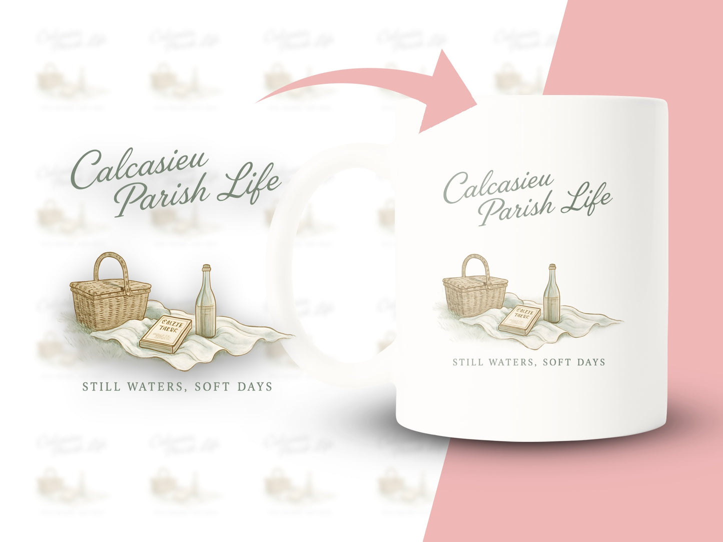 Calcasieu Parish Life Mug, Vintage Picnic Basket Design, Soft Day Aesthetic, Unique Gift Idea