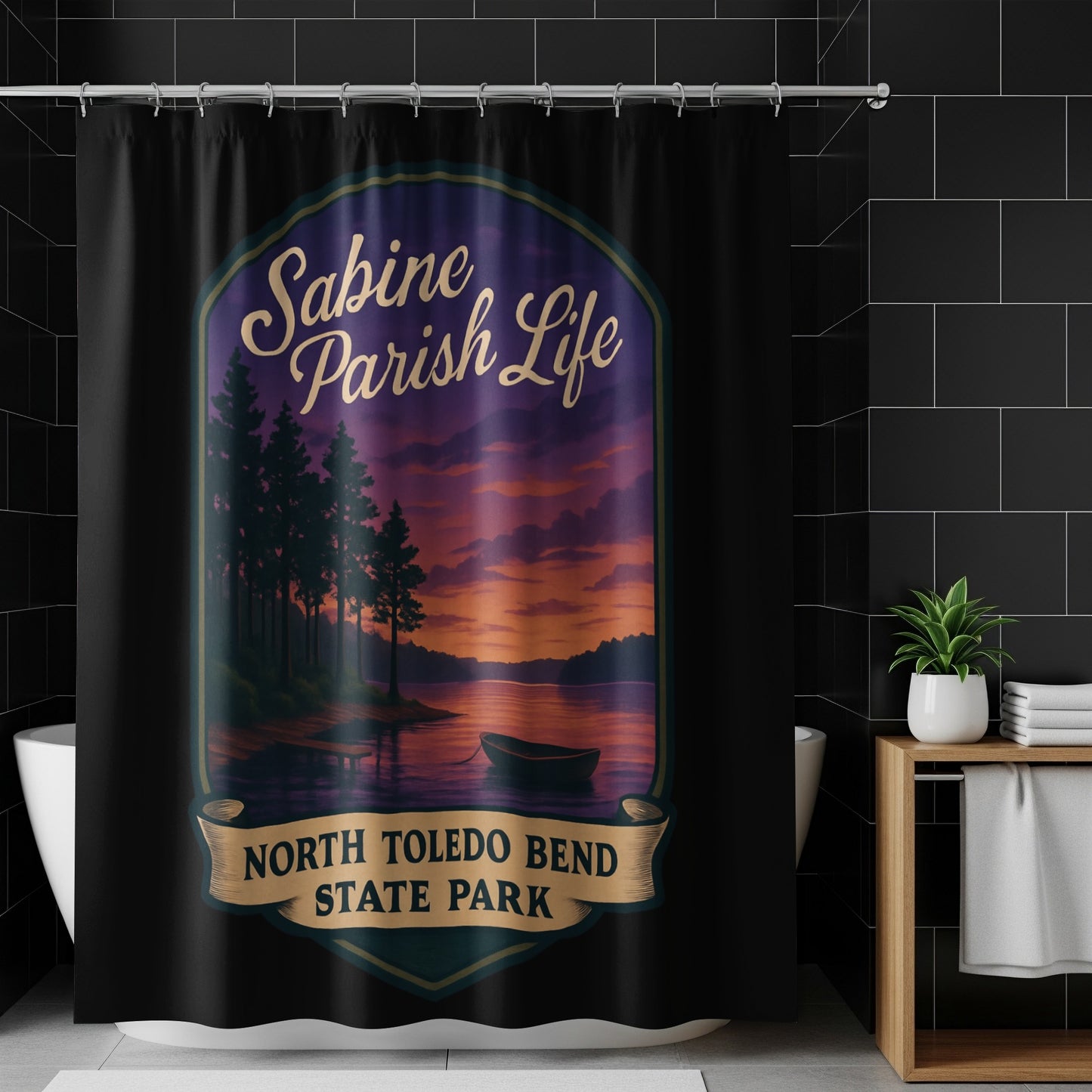 Sabine Parish Life Shower Curtain, North Toledo Bend State Park Sunset Design, Bathroom Decor, Scenic Lake View, Home Accessories