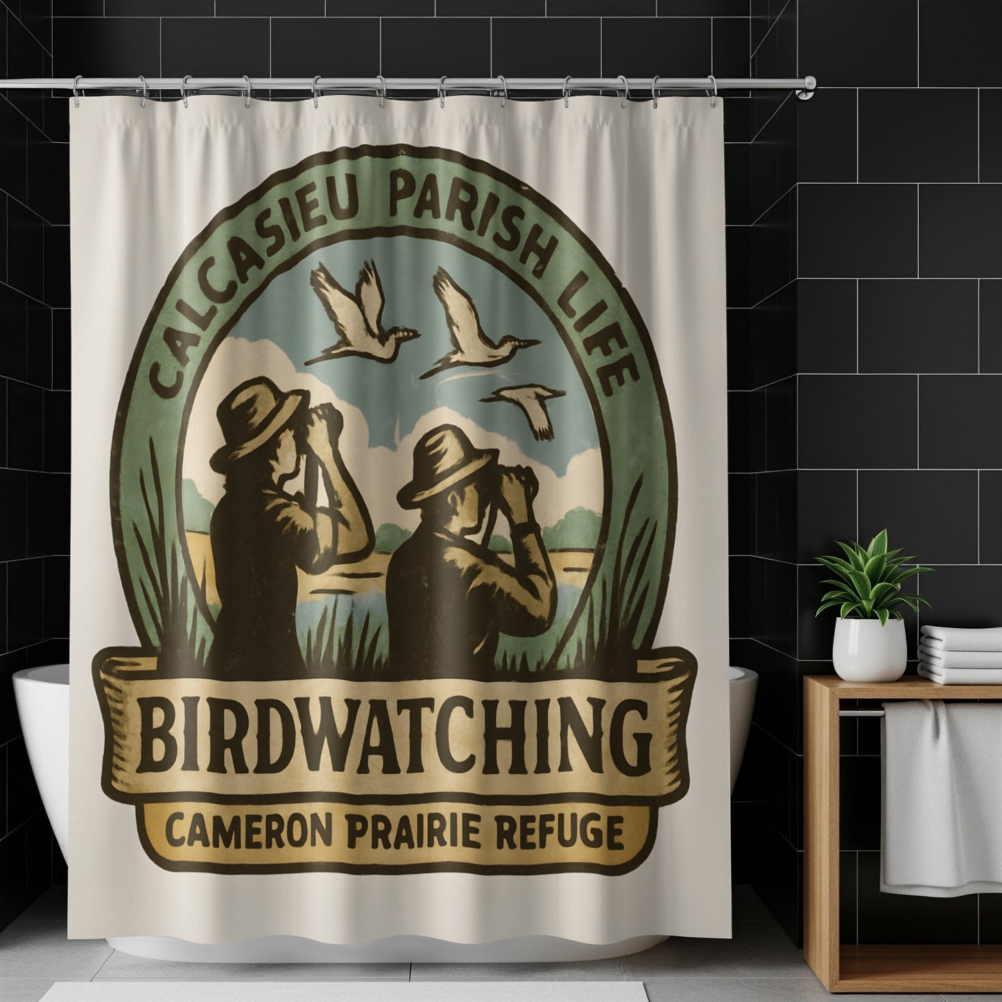 Vintage Birdwatching Shower Curtain, Calcasieu Parish Life, Cameron Prairie Refuge Decor
