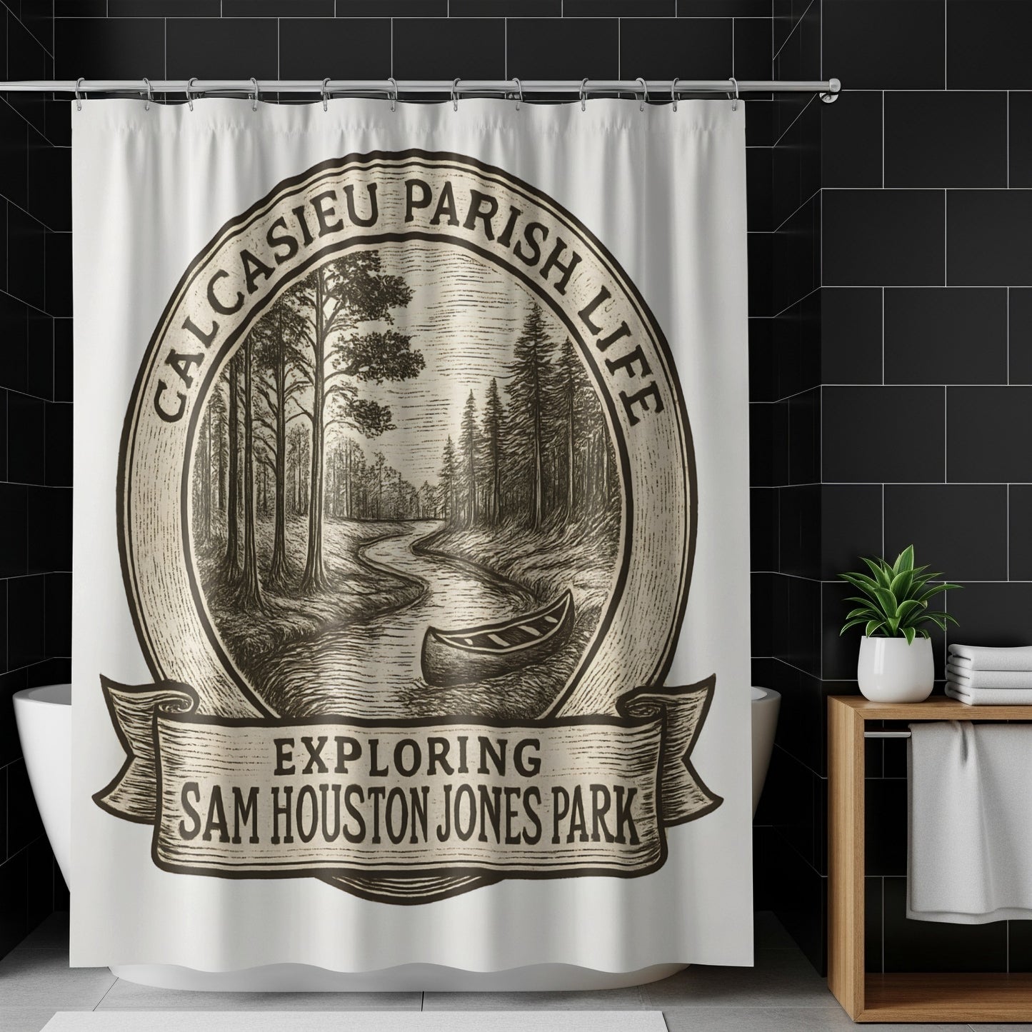 Vintage Calcasieu Parish Shower Curtain, Sam Houston Jones Park Design, Rustic Bathroom Decor, Nature Themed Home Accessory