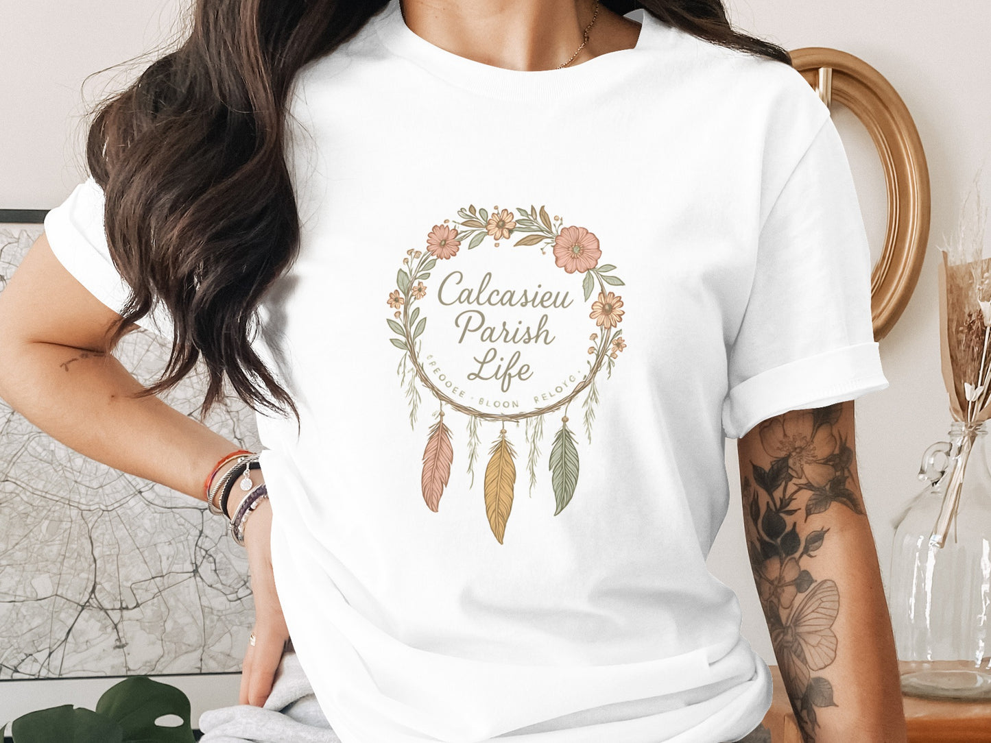 Calcasieu Parish Life Floral Wreath White T-Shirt, Bohemian Style Tee, Women's Fashion Top, Casual Summer Wear