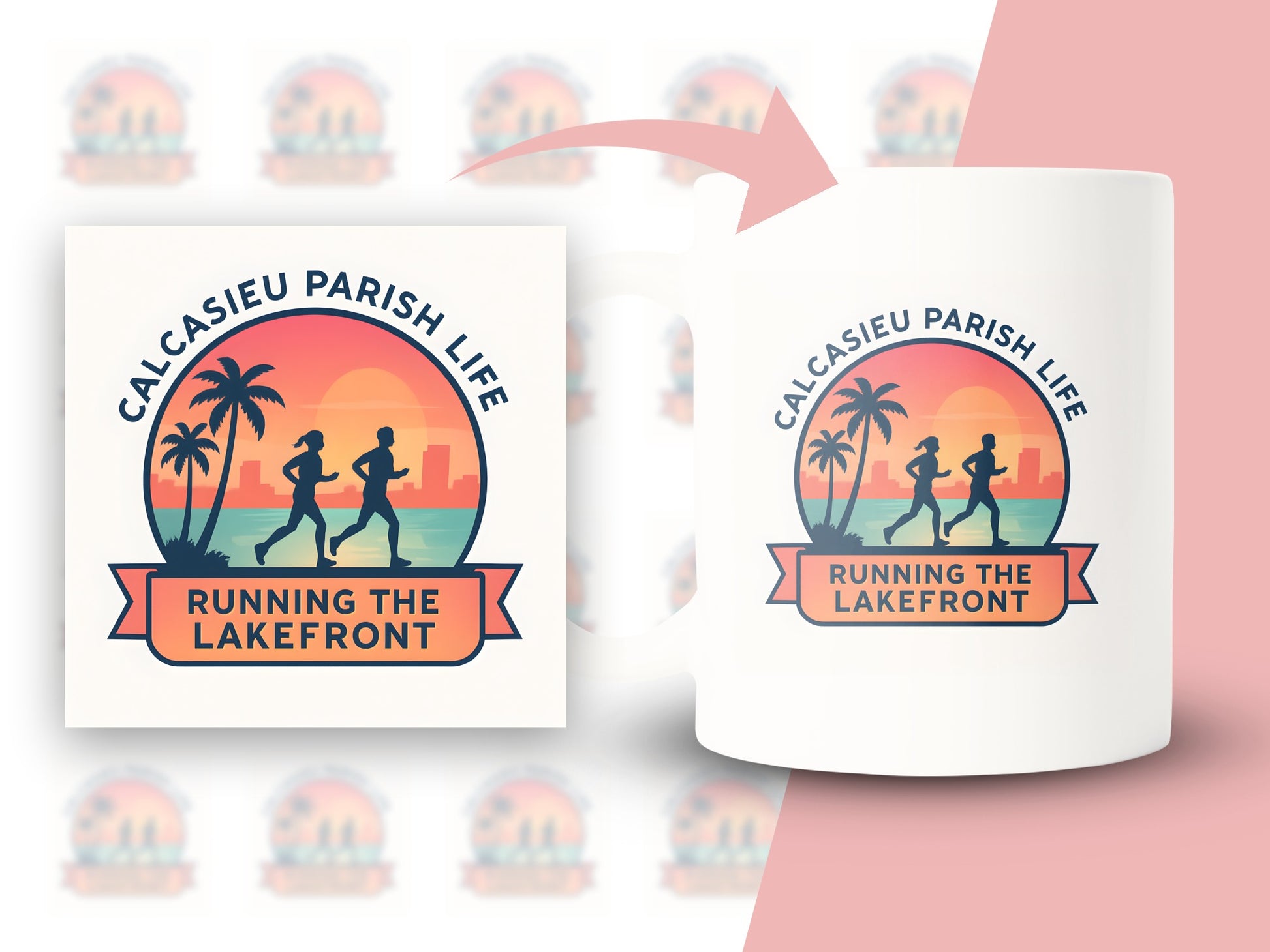Calcasieu Parish Life Lakefront Running Theme Coffee Mug, Colorful Sunset Graphic, Perfect Gift for Joggers