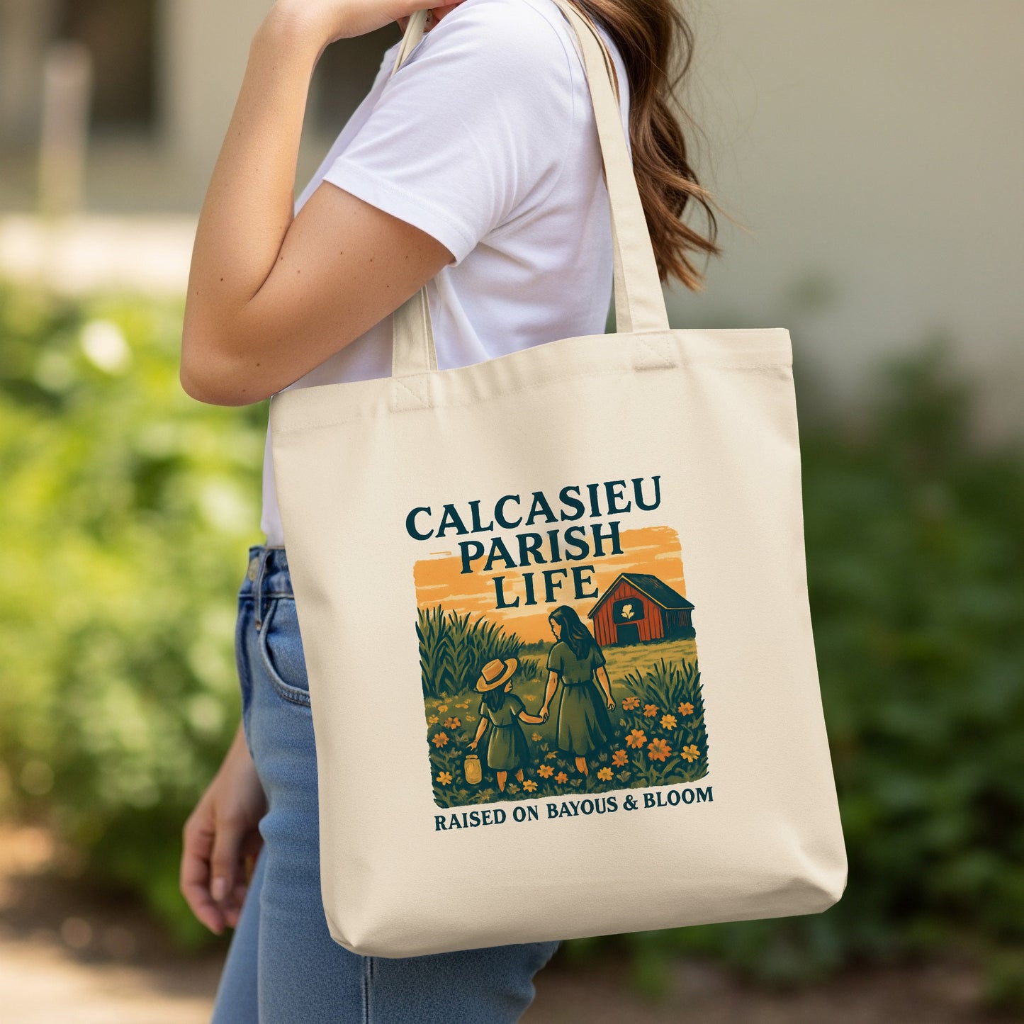 Calcasieu Parish Life Cotton Tote Bag, Vintage Farm Print, Durable Canvas Tote with Art, Raised on Bayous and Bloom Design