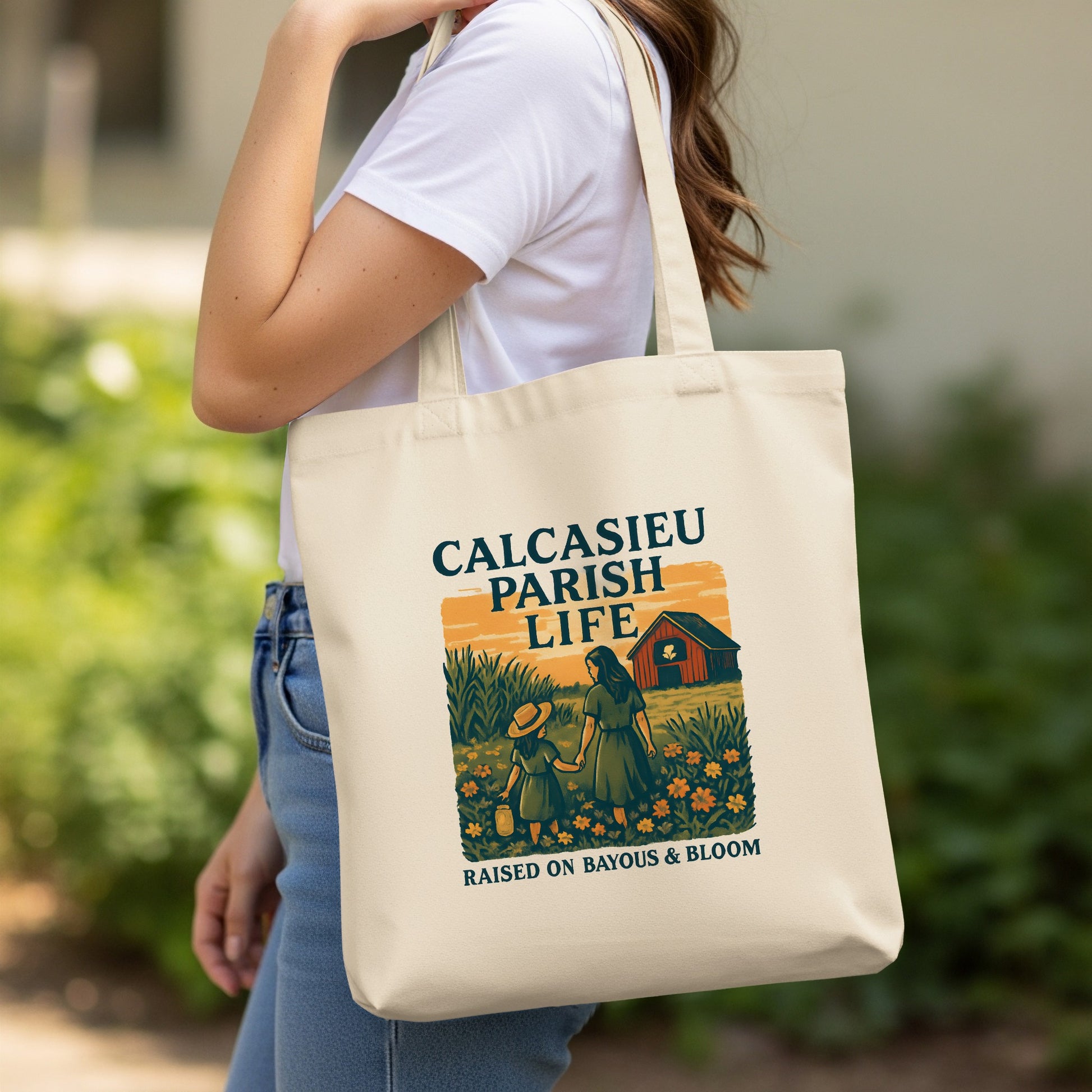 Calcasieu Parish Life Cotton Tote Bag, Vintage Farm Print, Durable Canvas Tote with Art, Raised on Bayous and Bloom Design