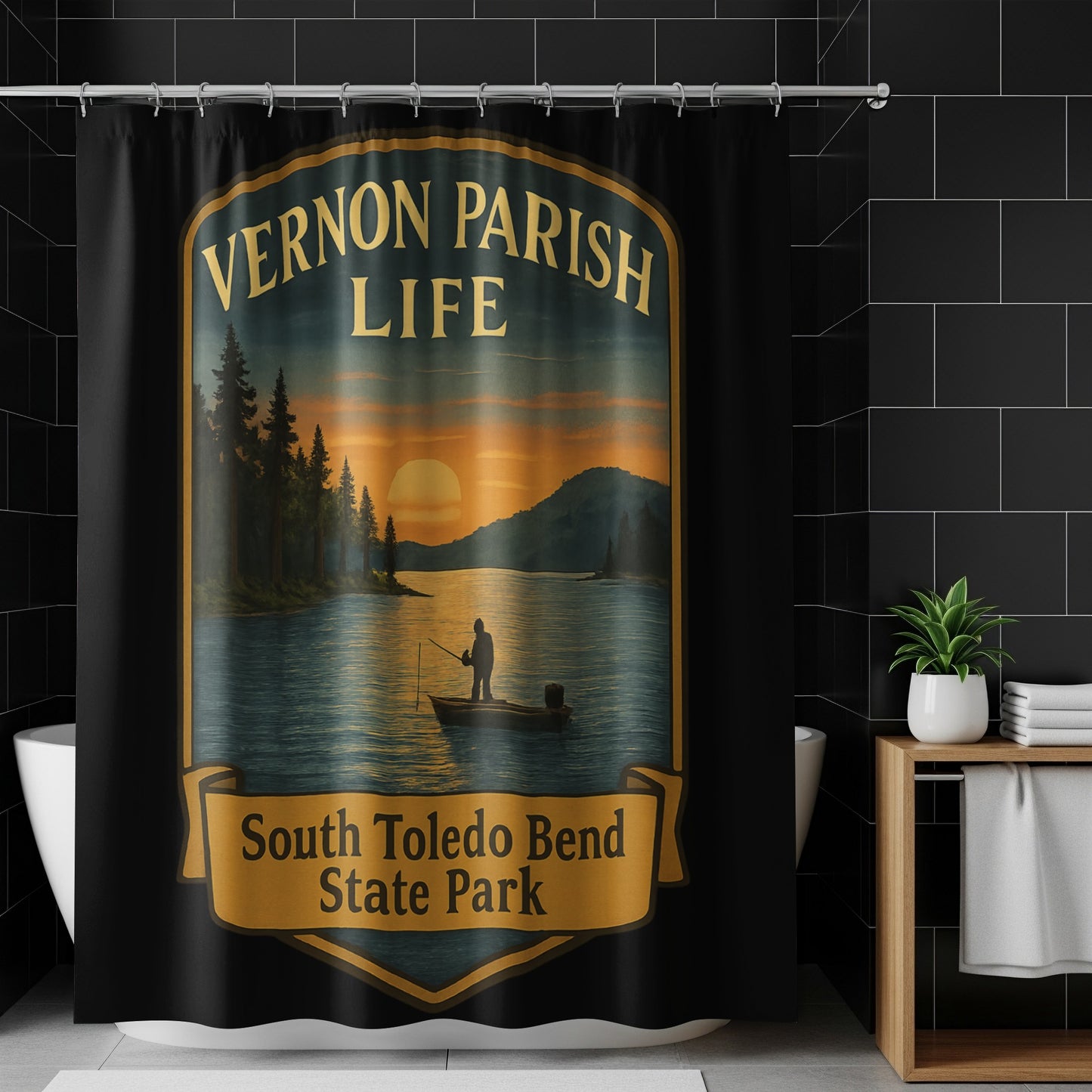 Vernon Parish Life Shower Curtain, South Toledo Bend State Park Design, Sunset Lake Bath Decor