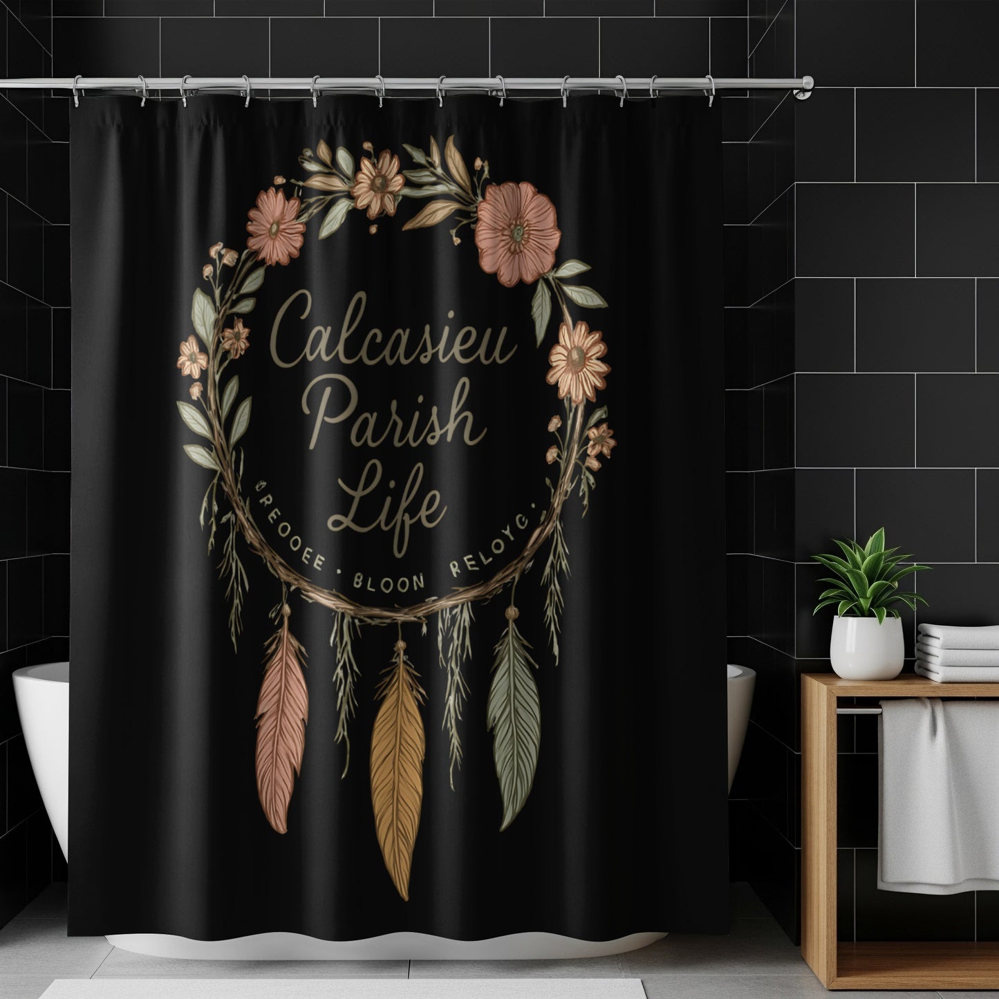 Calcasieu Parish Life Decorative Shower Curtain, Floral Wreath Design, Elegant Bathroom Decor, Black and Gold Color Palette